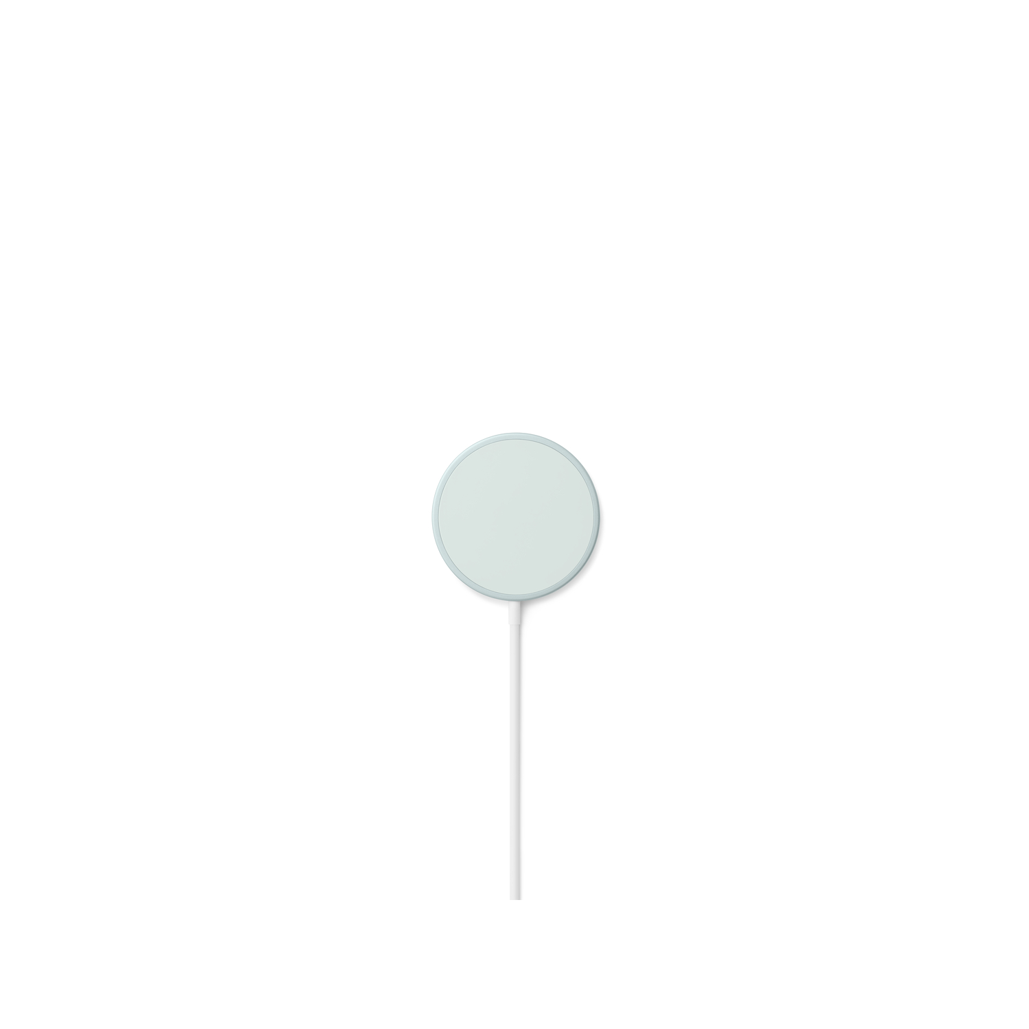 Un fond blanc avec un chargeur circulaire vert clair. Un câble blanc s'étend vers le bas depuis le centre du chargeur.