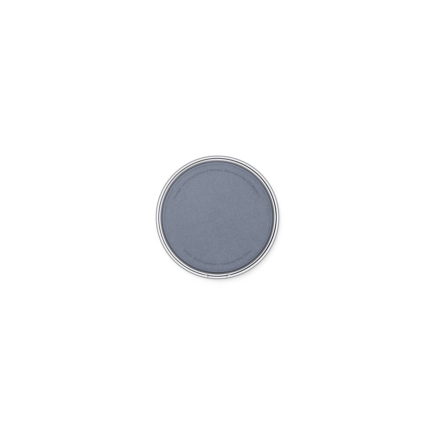 Un objet circulaire gris avec un bord argenté, du texte sur le bord. Sur fond blanc.
