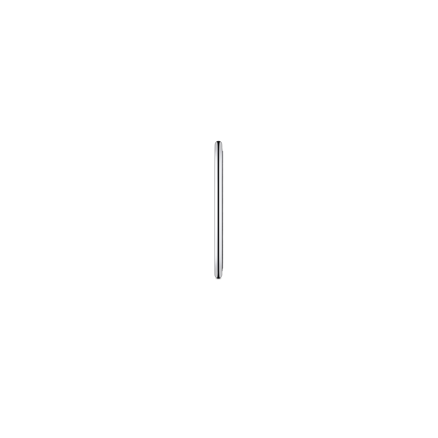 Vue latérale d'un smartphone argenté sur fond blanc. Le téléphone est vertical et légèrement décentré.