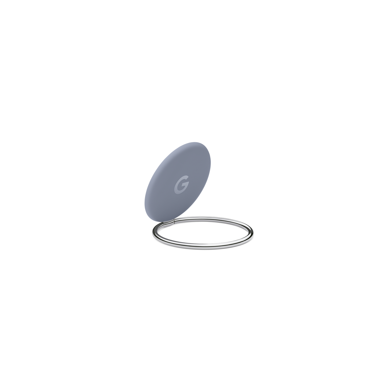 Un objet circulaire bleu clair avec un logo 'G', fixé à un anneau argenté, repose sur un fond blanc.