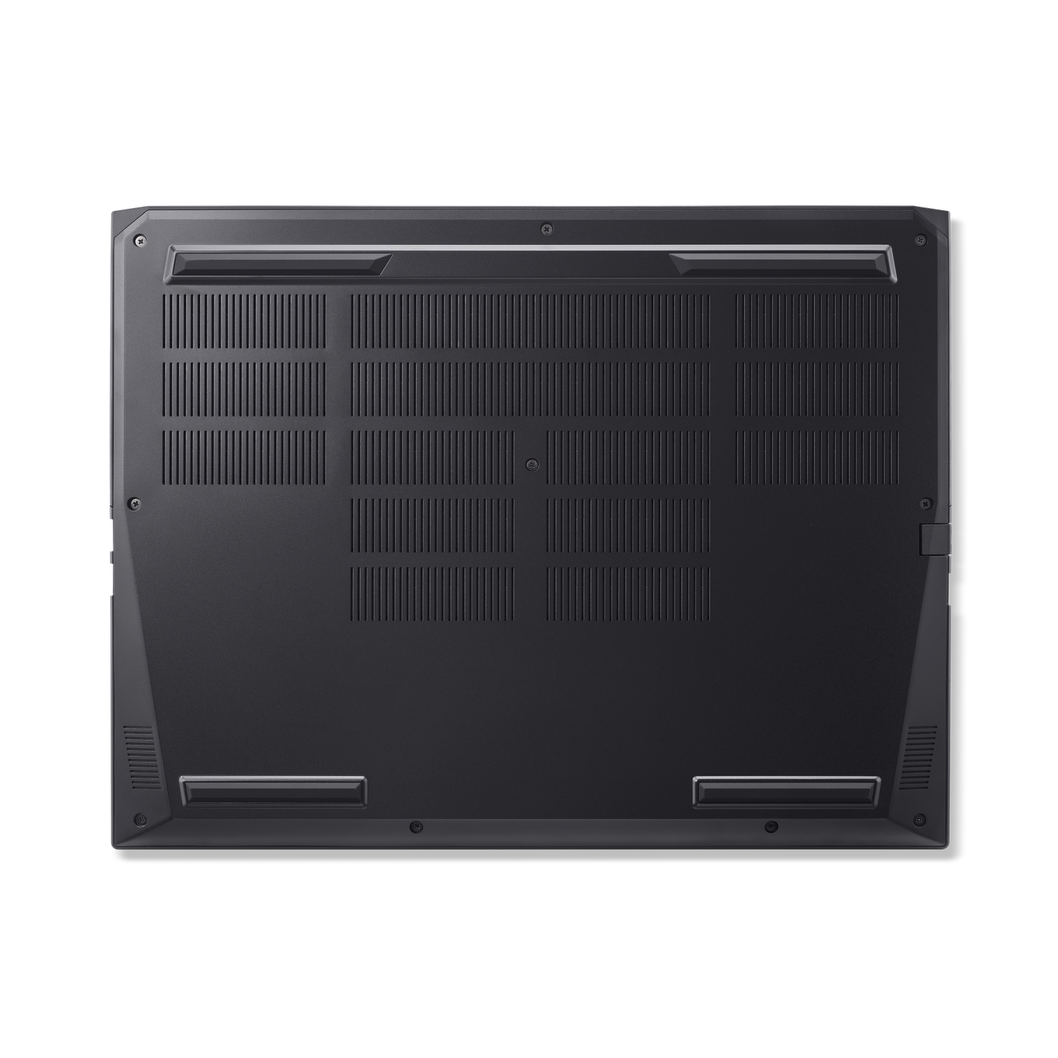 The bottom of a dark gray laptop with ventilation slots and screws is displayed against a black background.