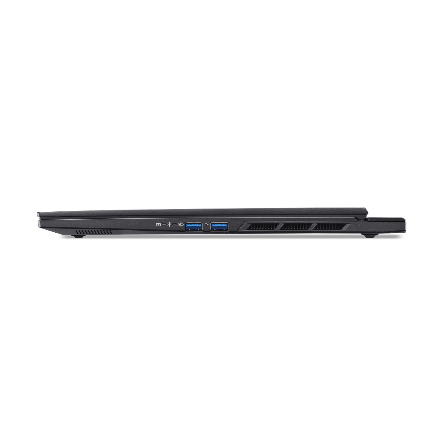 Side view of a black laptop, displaying ports and vents. The laptop is on a black background, with white space above.