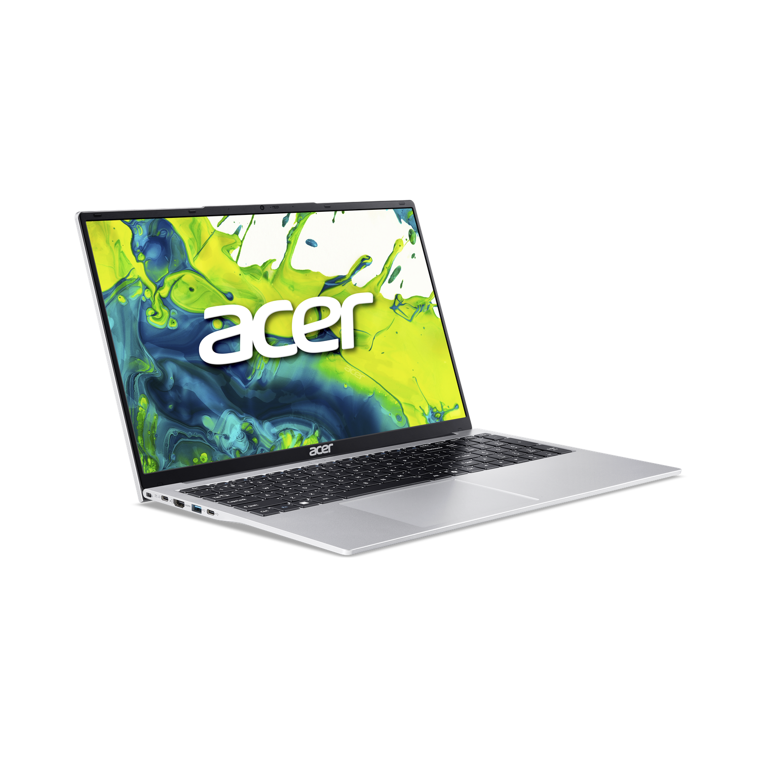 A silver Acer laptop is slightly open on a black background. The screen shows a colorful splash with the word 'acer'.
