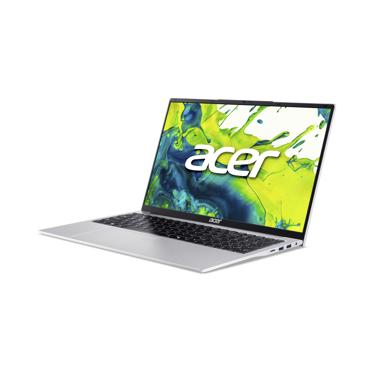 A silver Acer laptop is open on a black background. The screen displays a colorful, abstract design.