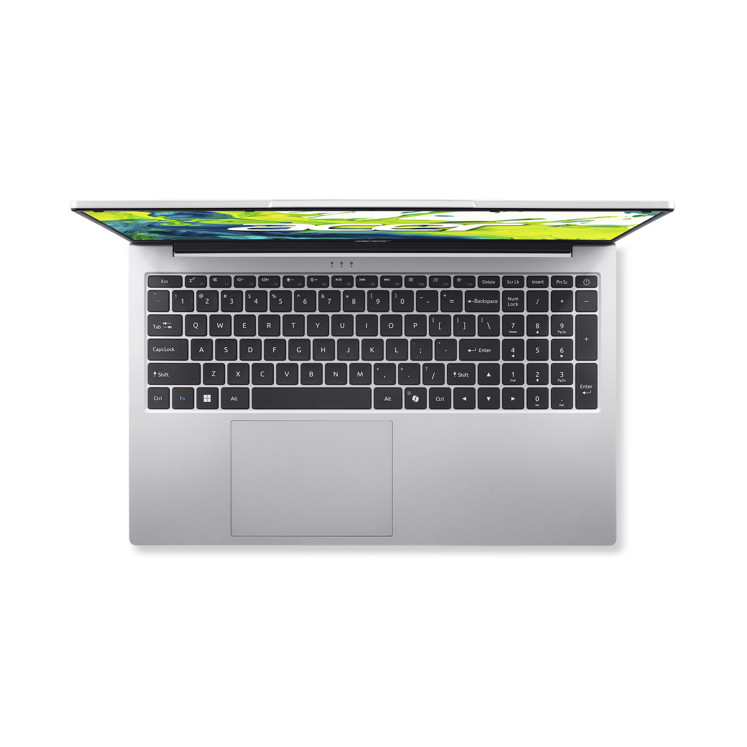 A laptop with the screen open. The keyboard is visible, with keys and a touchpad. The background is black.