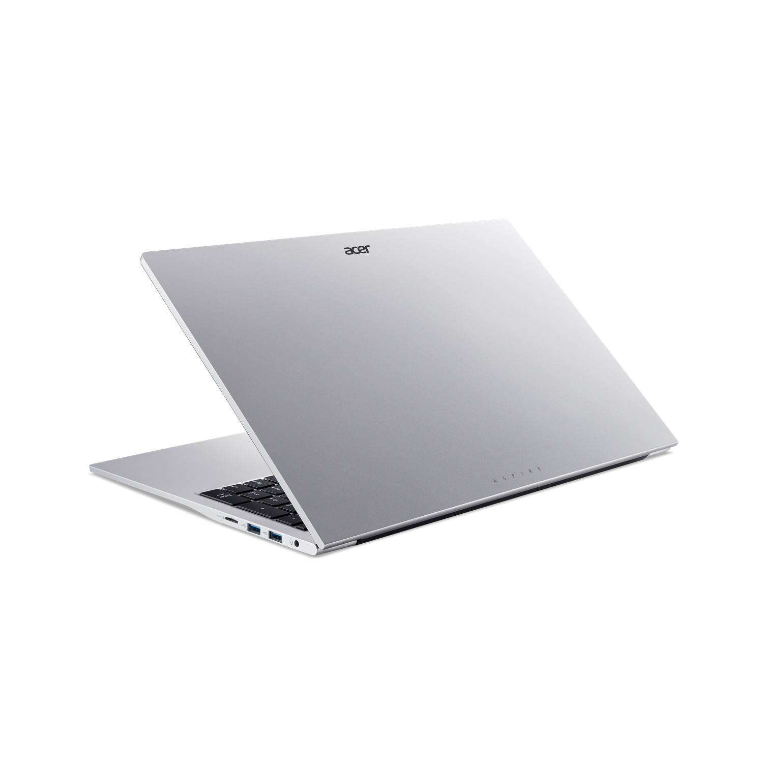 Silver Acer Aspire laptop, partially open on black background. Keyboard visible. 'acer' logo on top. 'Aspire' printed on the side.