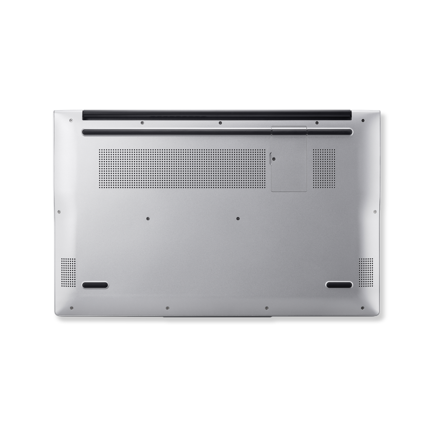 Silver laptop underside on black. Visible vents, screws, and a small access panel. The surface has a brushed metal appearance.