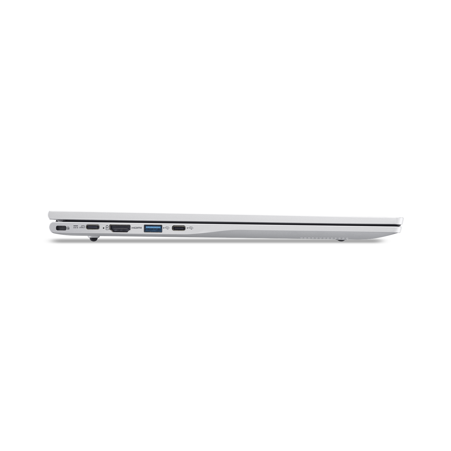 Side view of a silver laptop, showing ports like HDMI, USB, and charging, on a black background, with white space.