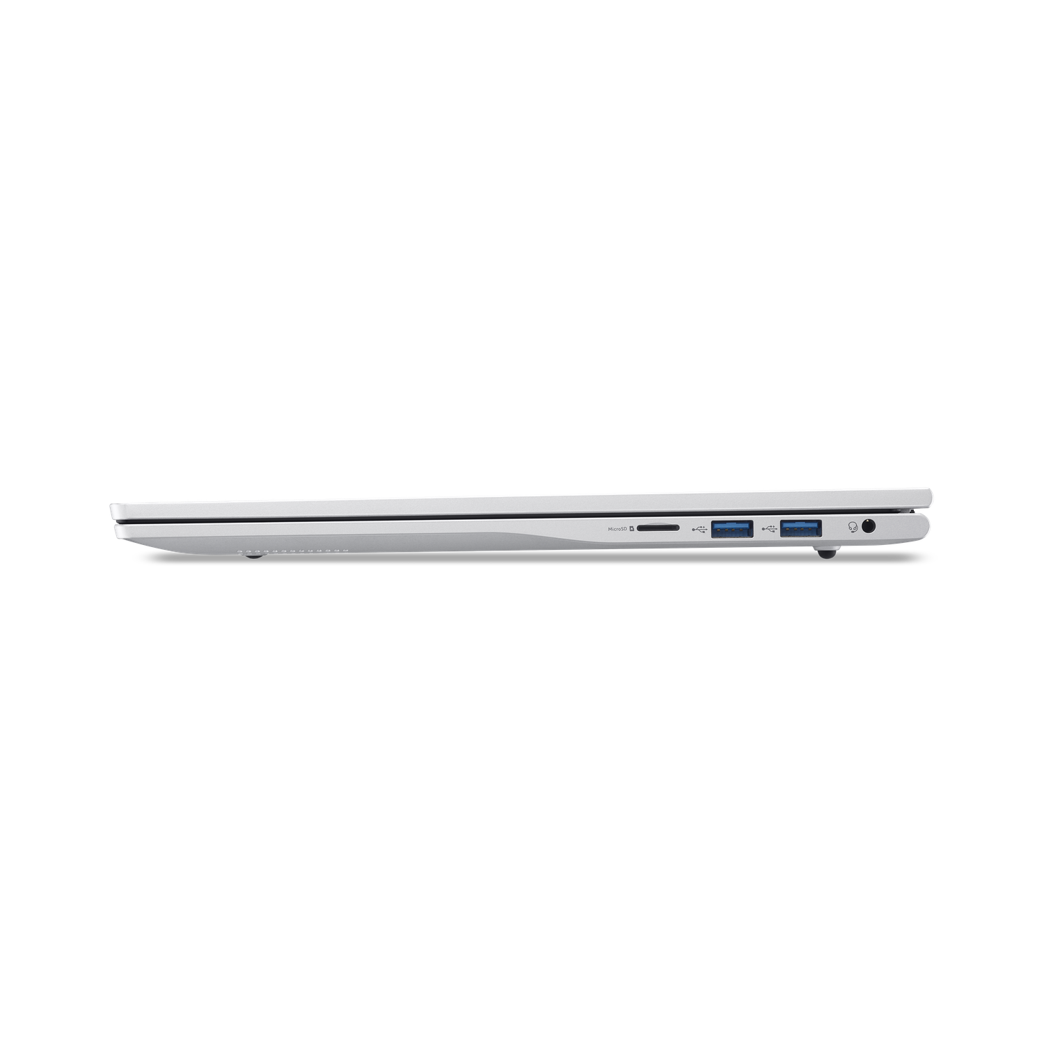Side view of a silver laptop. USB ports, MicroSD slot, and headphone jack are visible. The laptop is closed.