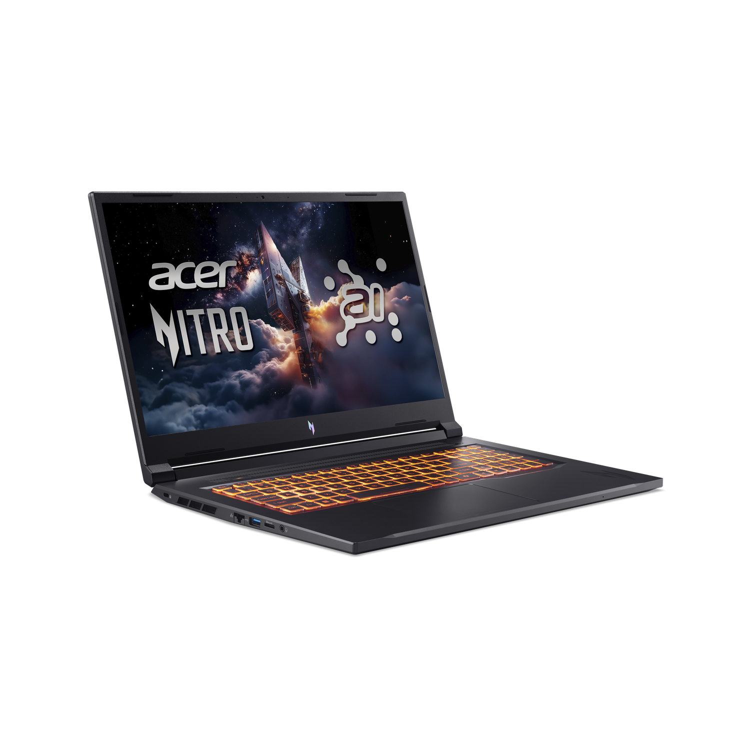 An Acer Nitro laptop on a black background. The screen shows a spaceship and logo. The keyboard is lit with orange light.