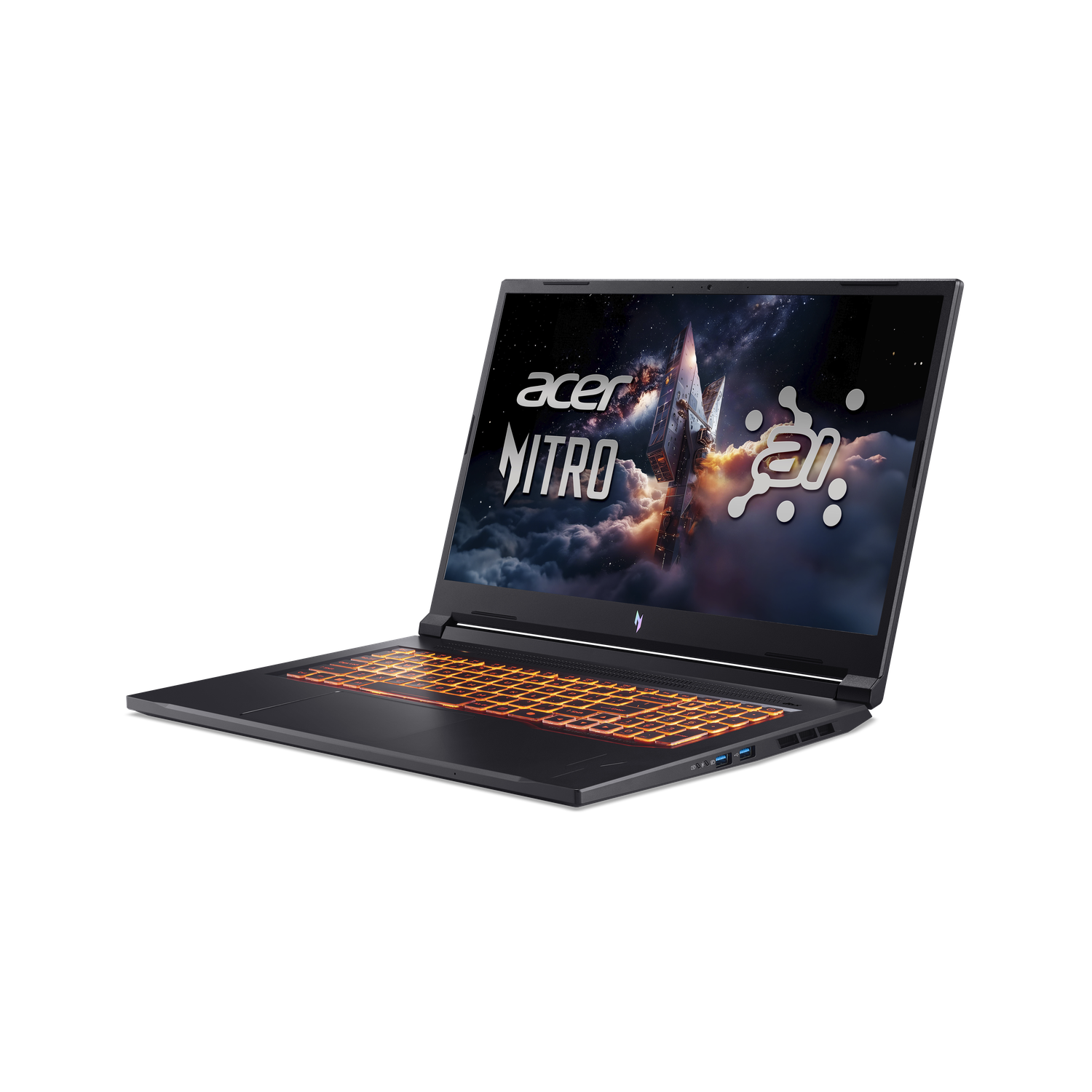Acer Nitro laptop on a black background. The screen shows a spaceship graphic. Keyboard backlit in orange.
