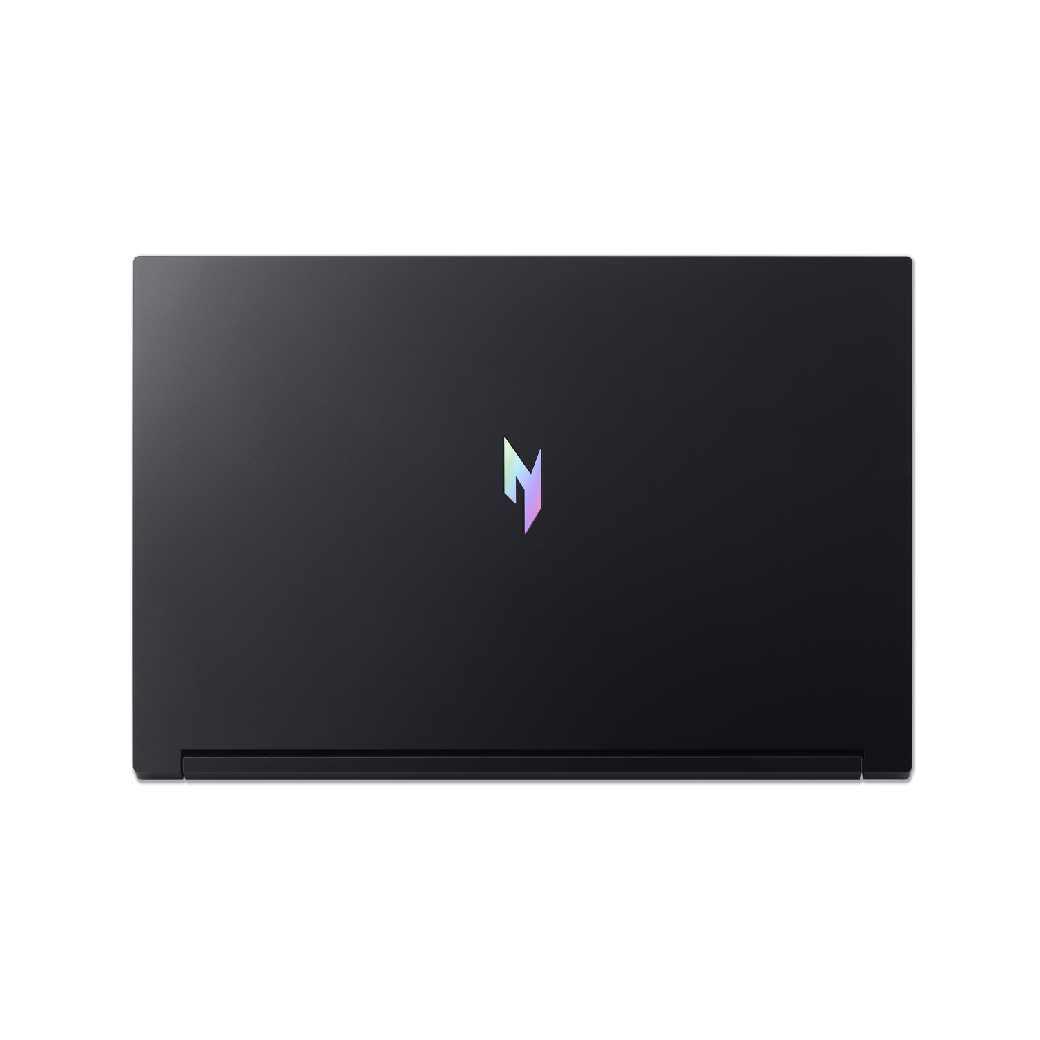 A closed black laptop, viewed from above, sits centered against a black background. A multi-colored logo is on the top.
