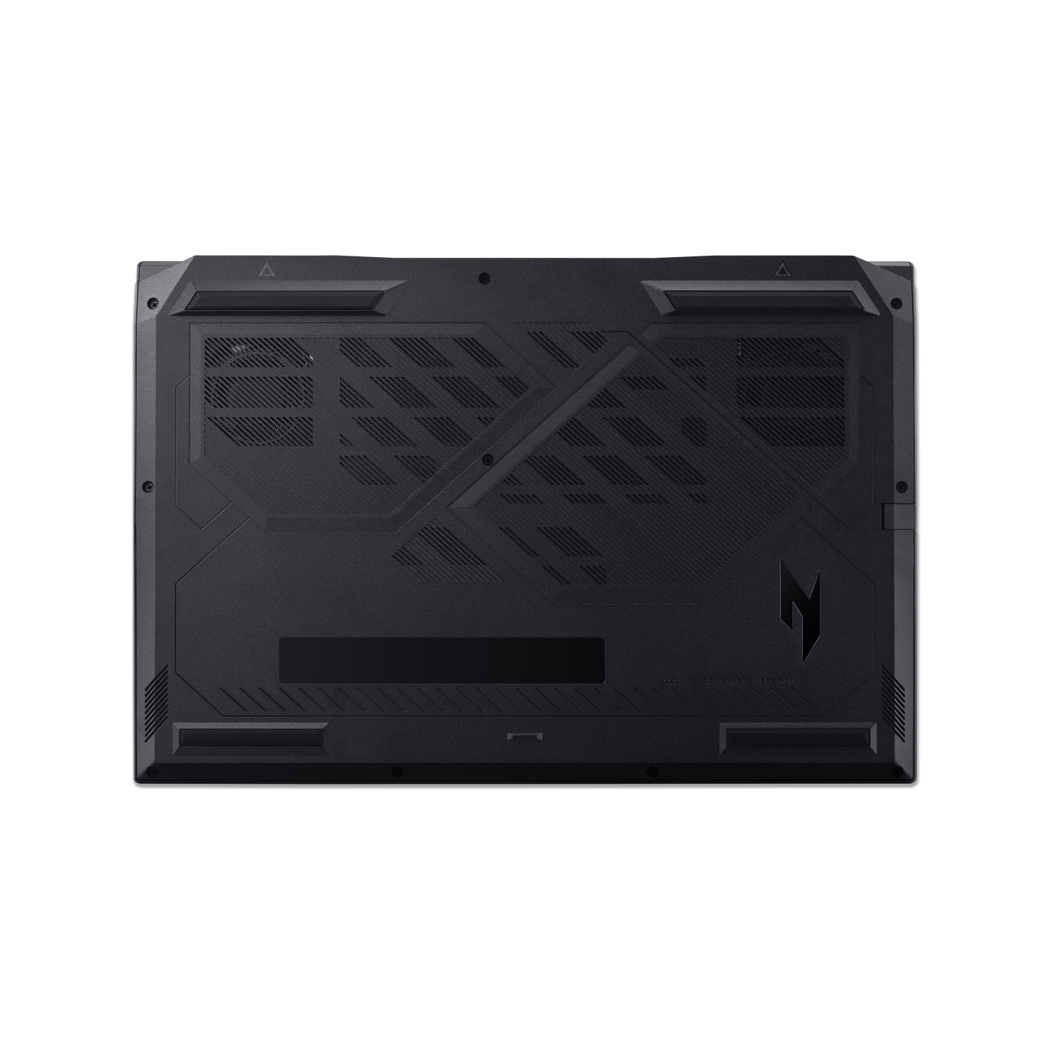 Black laptop base with vents and the brand logo. The surface is textured with triangular and rectangular patterns.