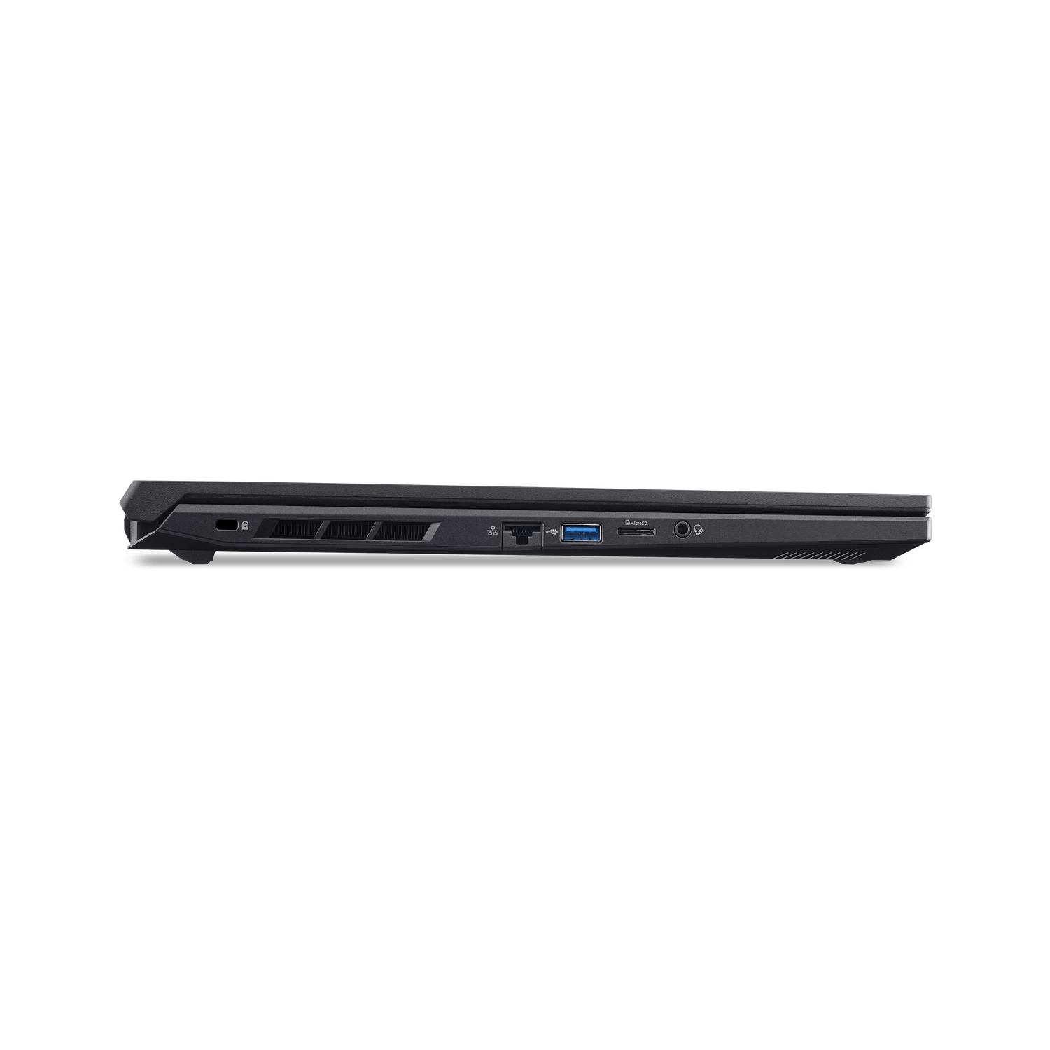 Side view of a black laptop with various ports including USB, audio, and power. The laptop is closed and resting on a black surface.