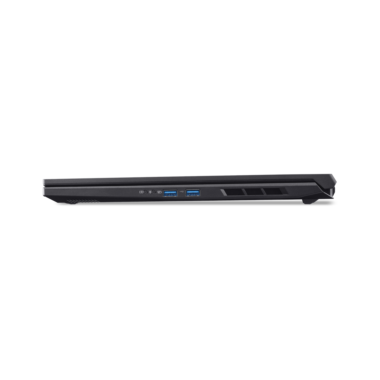 Side view of a black laptop. USB ports, vents, and other interfaces are visible. The background is black.