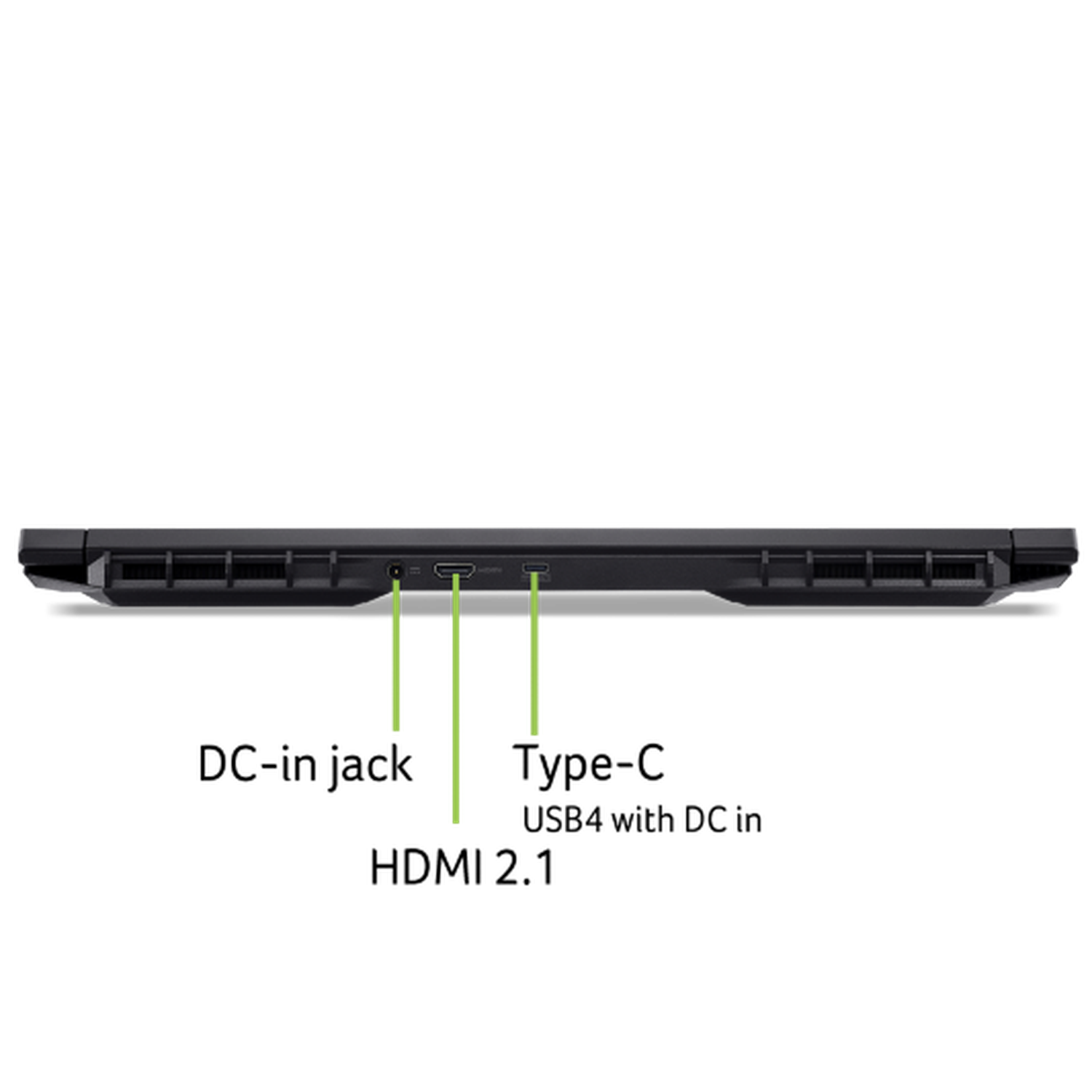 Black laptop's bottom edge with ports, green highlights. Three ports are highlighted with green lines. Black background.