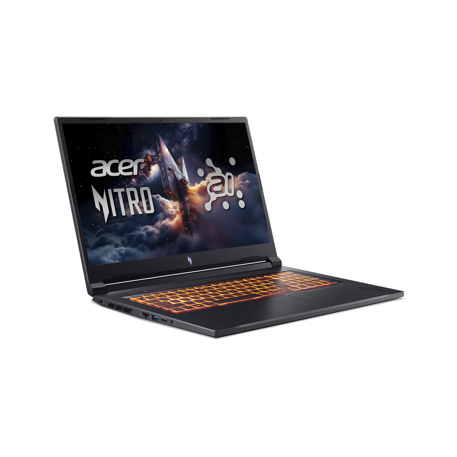A black Acer Nitro gaming laptop. The screen displays a spaceship with a fiery background. The keyboard lights up orange.