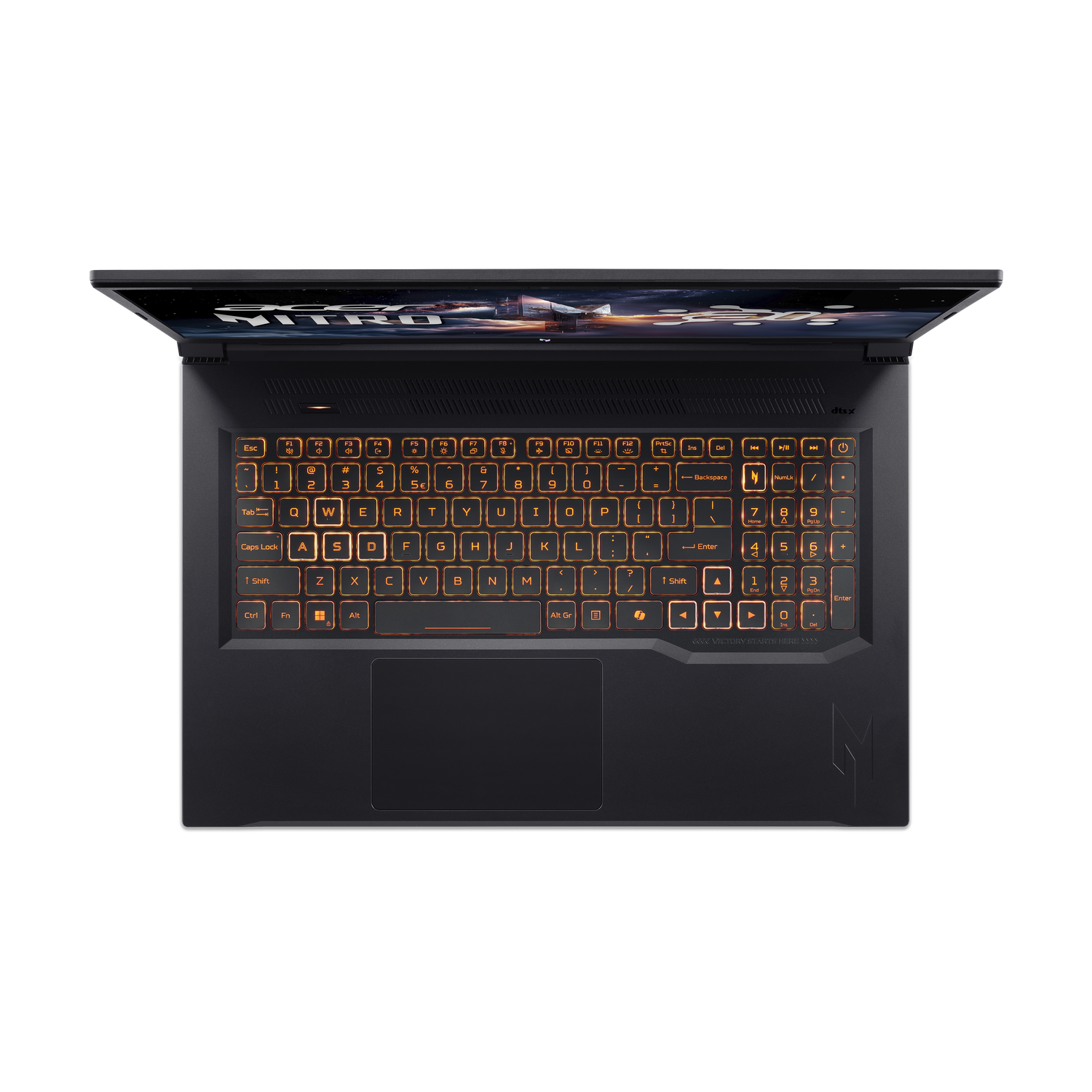 Black laptop with orange backlit keyboard, the screen displays an image, on a black background.