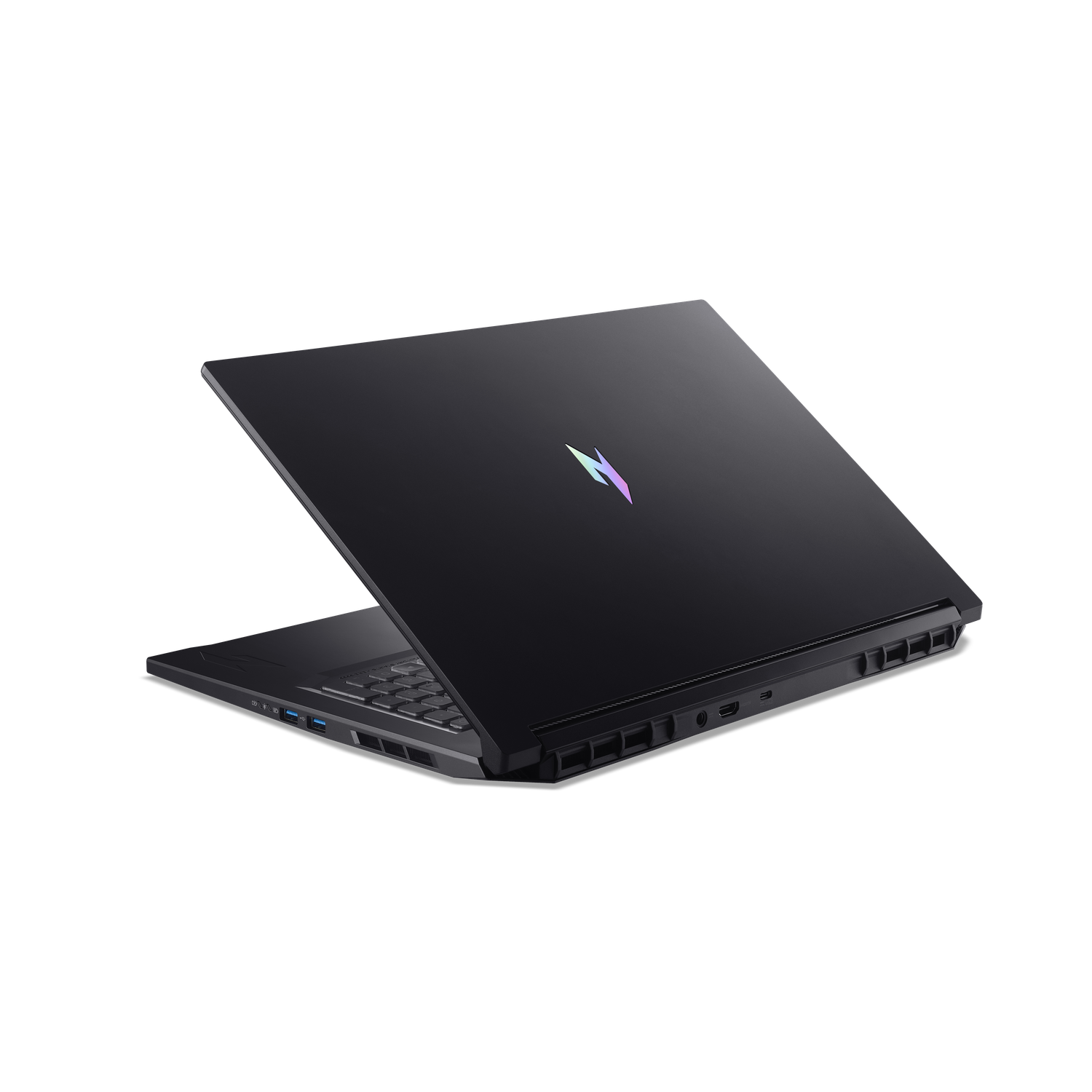 A black laptop is slightly open, showing the keyboard and ports. The screen displays a logo. The background is solid black.