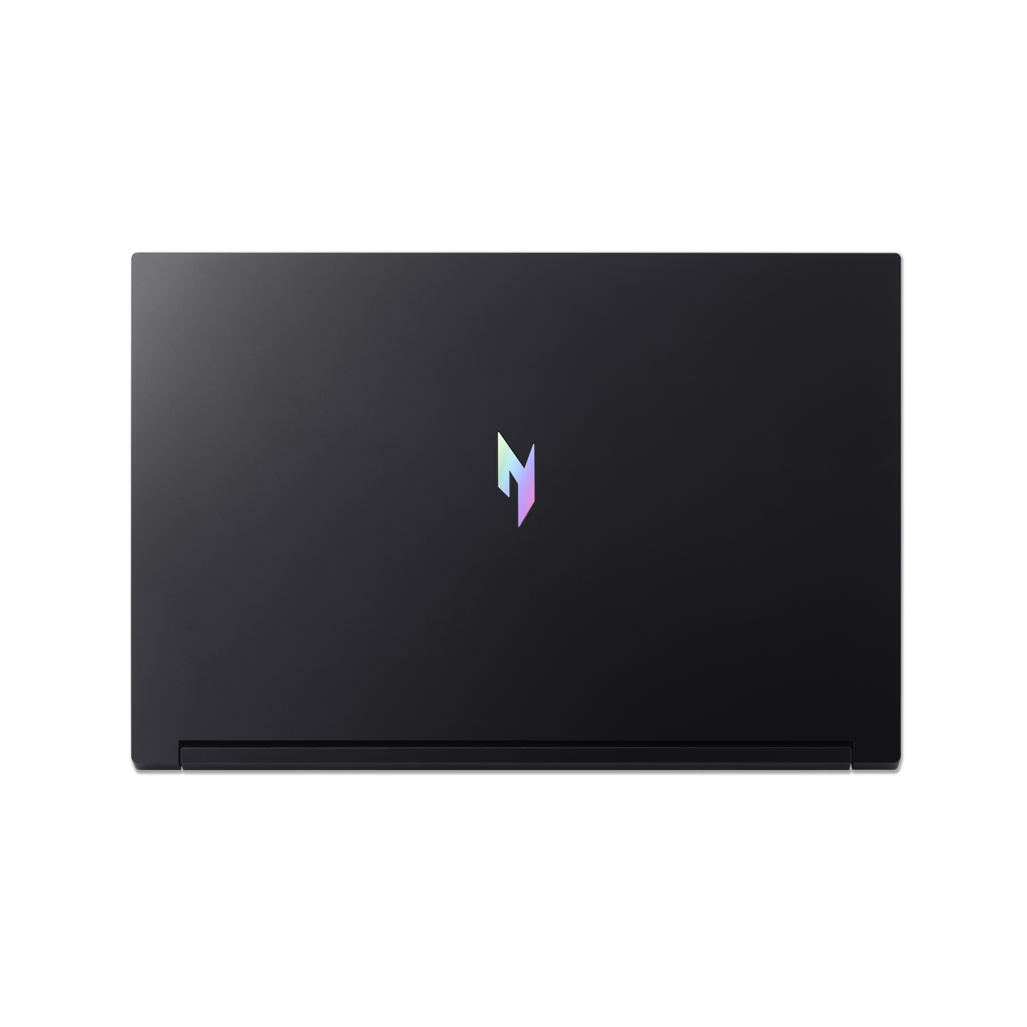 A black laptop on a black background. The laptop lid is closed, and has a colorful logo in the center.