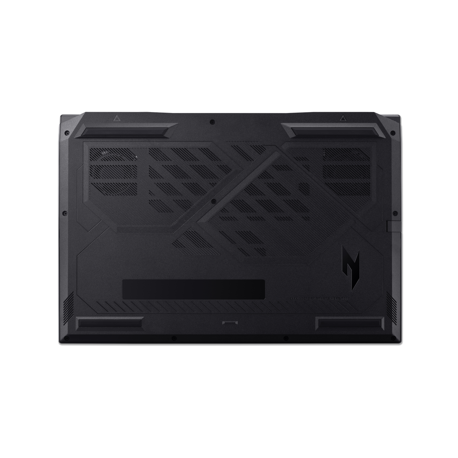 Black laptop underside. Features vents, geometric designs, and the text 'VICTORY STARTS HERE'. Two triangles at the top.