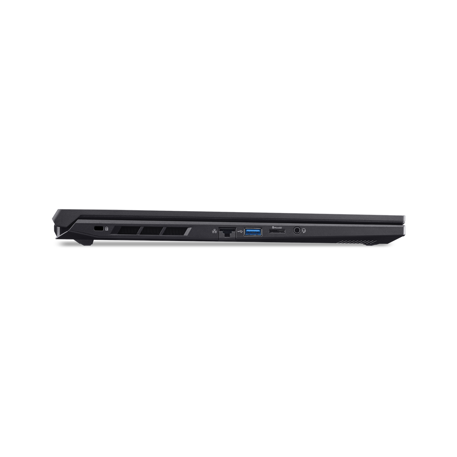 Side view of a black laptop. Visible ports include USB, audio jack, and an SD card slot. The laptop is closed.