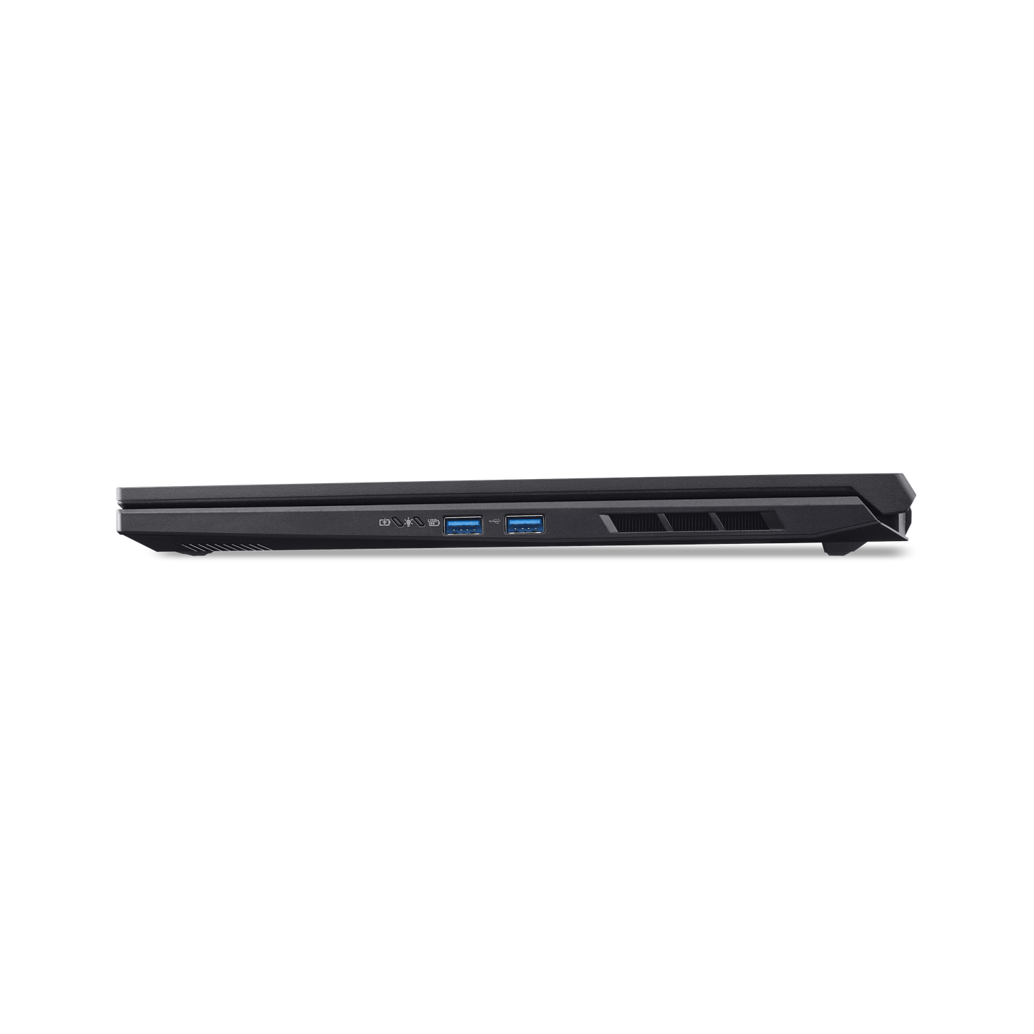 Side view of a black laptop. USB ports, vents, and a power button are visible. The background is plain black.