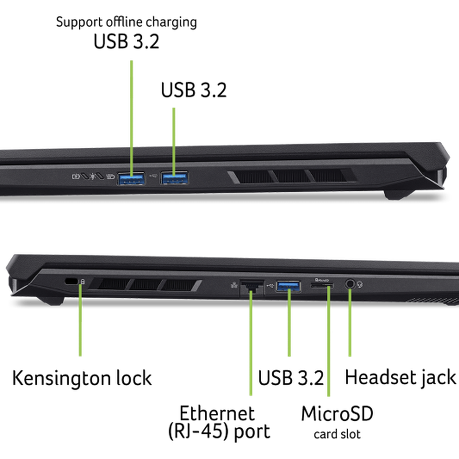 Black laptop side view with various ports including USB, HDMI, and audio jack. The laptop is on a black background.