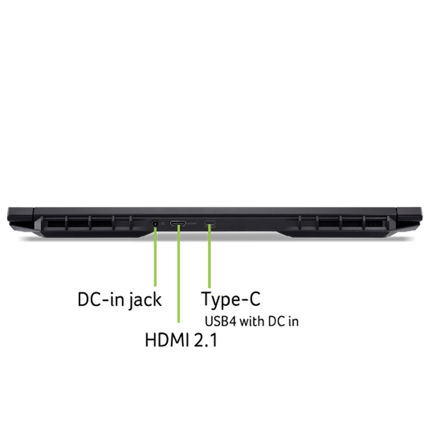 Black device bottom with ports and green accent lines against black background.