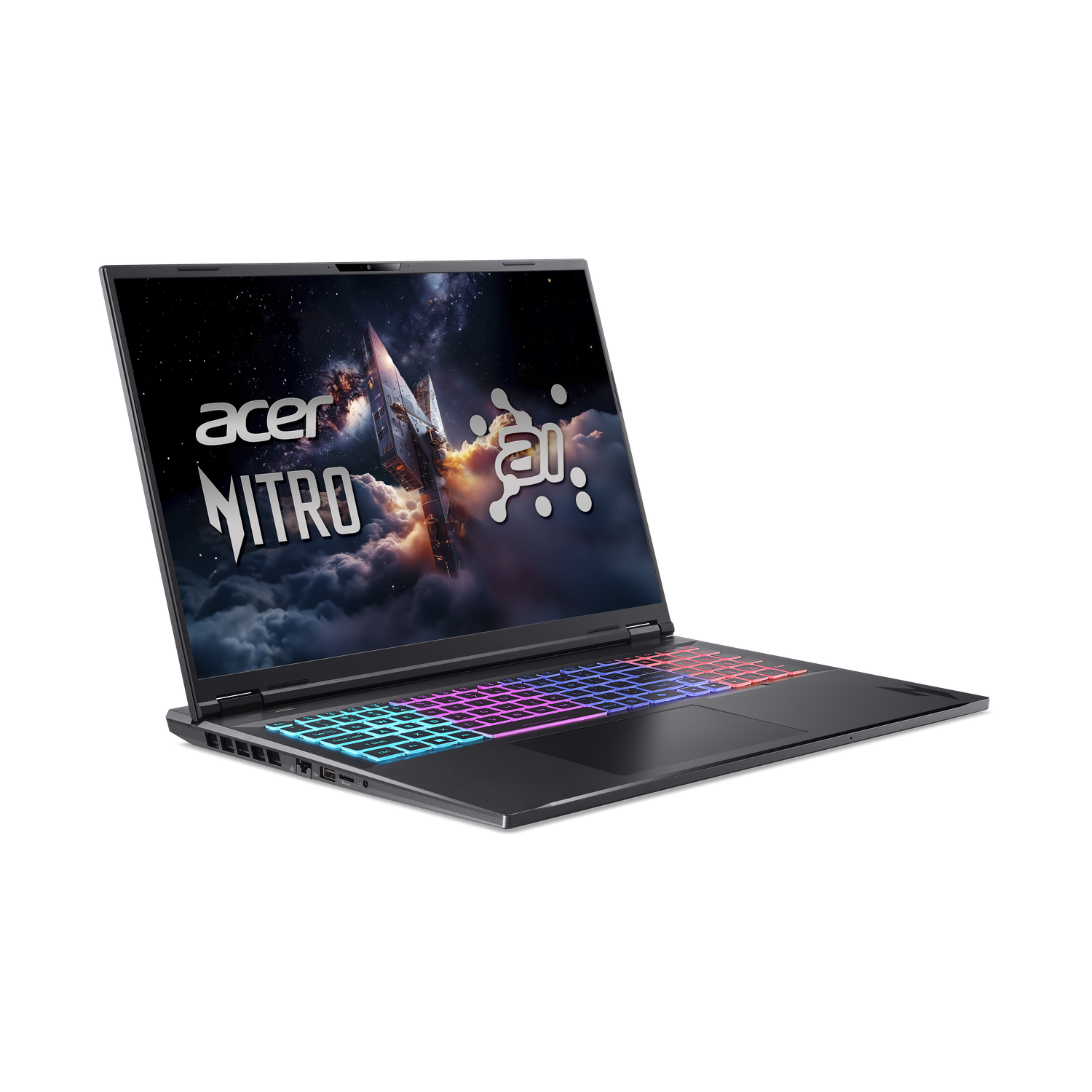 Acer Nitro laptop met kleurrijk verlicht toetsenbord. Scherm toont een ruimtescène met een ruimteschip. Donkere achtergrond.
