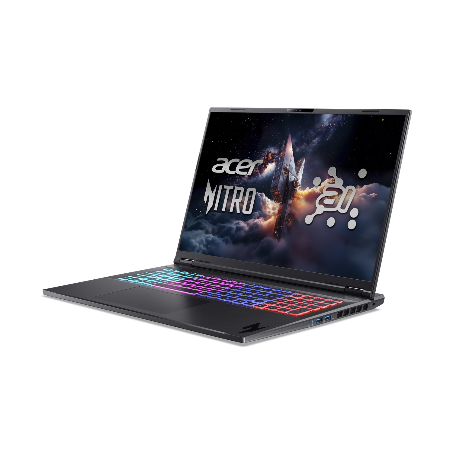 Acer Nitro laptop op zwarte achtergrond. Scherm toont een ruimteschip scène. Toetsenbord heeft veelkleurige lichten.