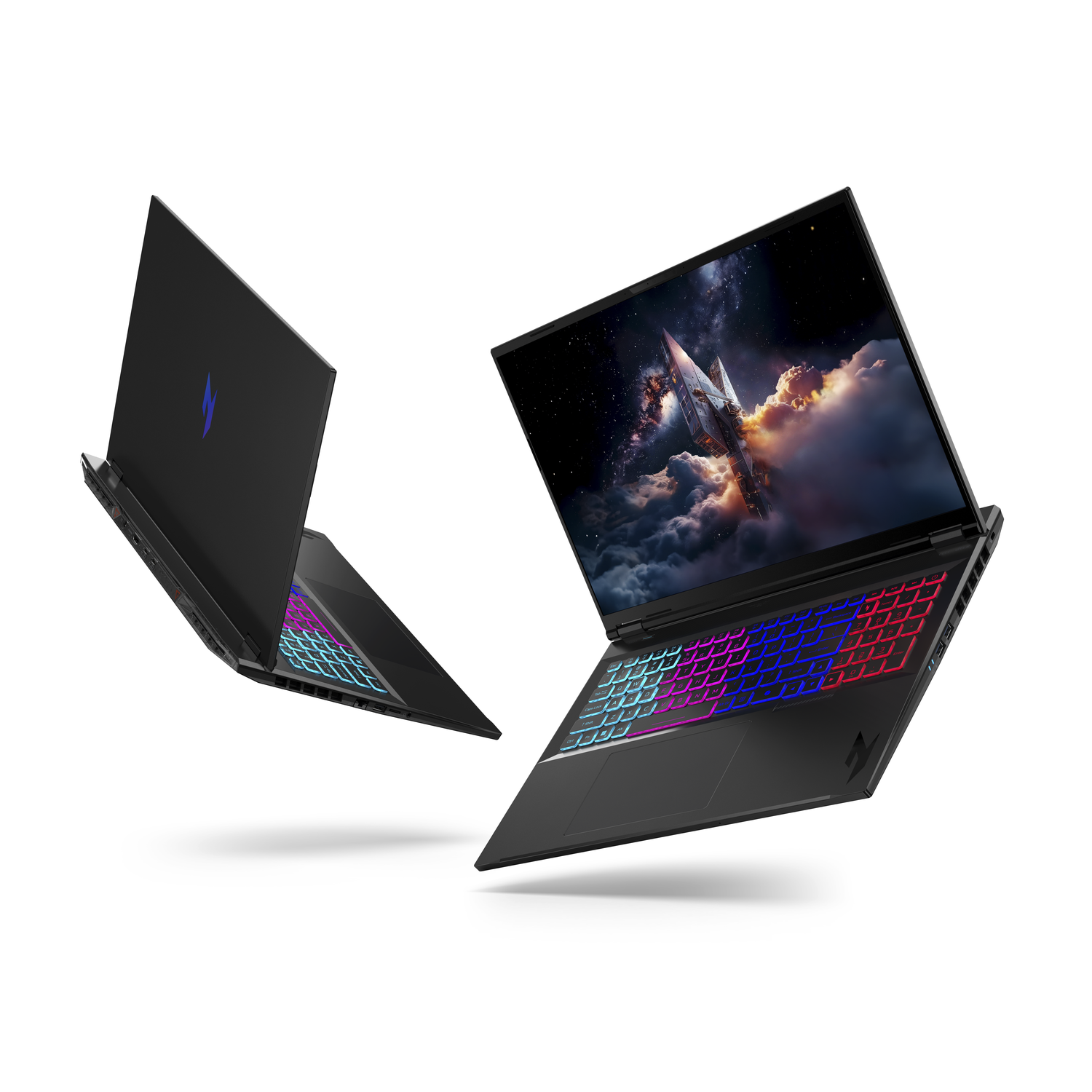 Twee zwarte laptops zweven, één gesloten met blauw logo, de andere open met een ruimteschipscène en kleurrijk toetsenbord.