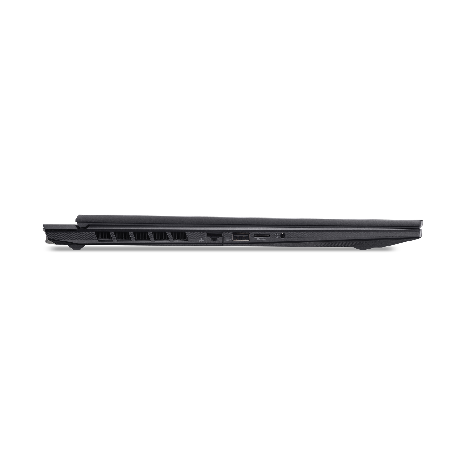 Zijaanzicht van een zwarte laptop op een zwarte achtergrond. Zichtbare poorten zijn USB, HDMI en een hoofdtelefoonaansluiting. De laptop is gesloten.