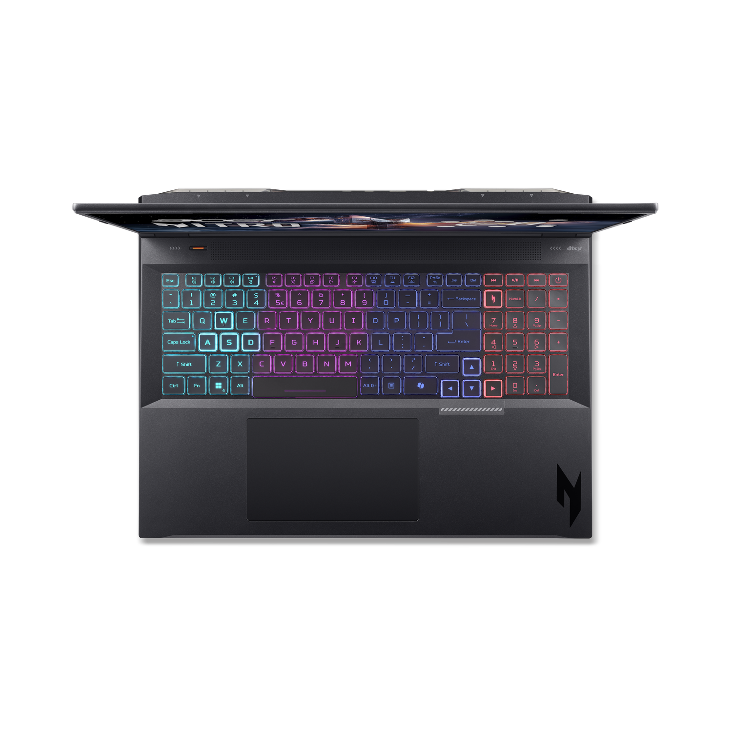 Laptop with illuminated keyboard. The screen is open. The keyboard has multi-colored keys on a black surface.
