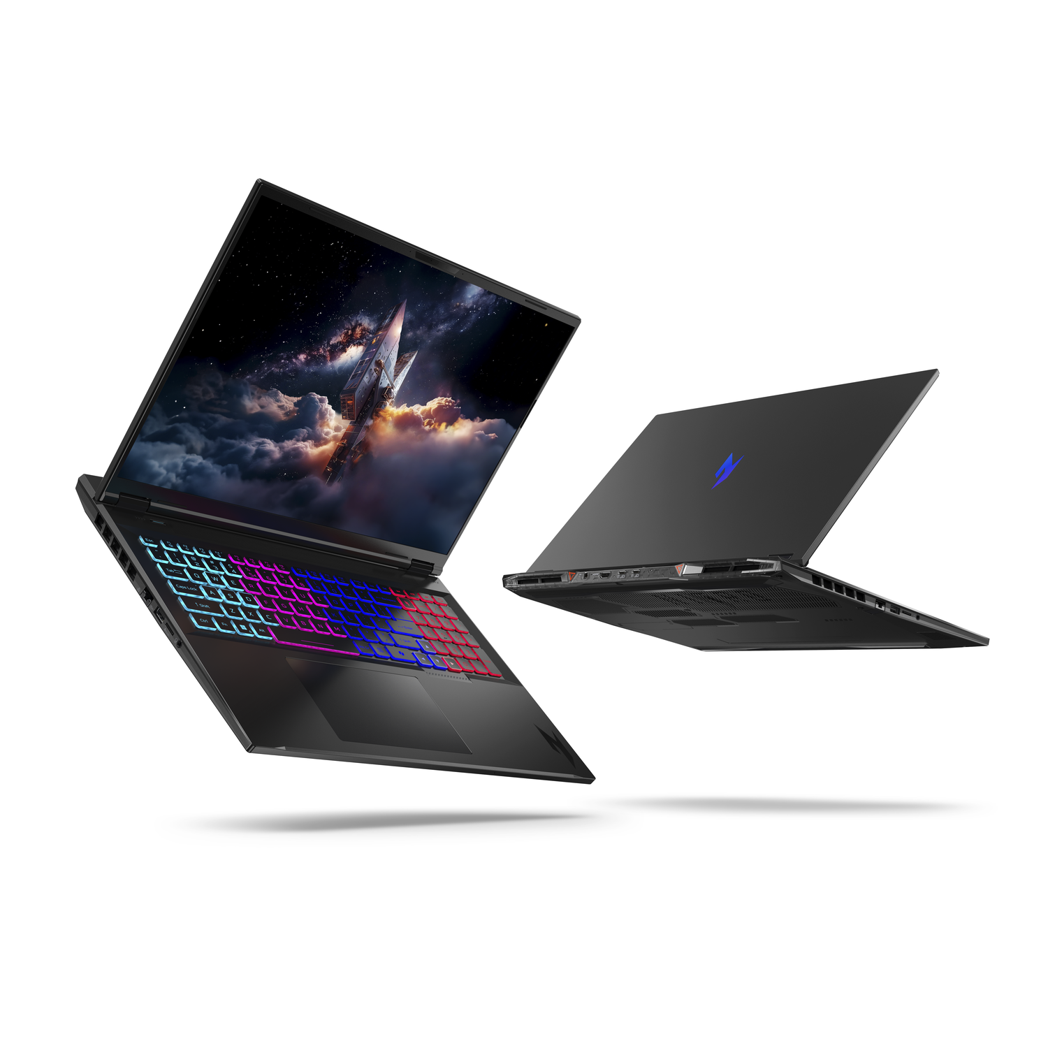 Two black laptops floating, one open showing a space scene, the other closed with a blue lightning logo. Keyboard with colorful lights.