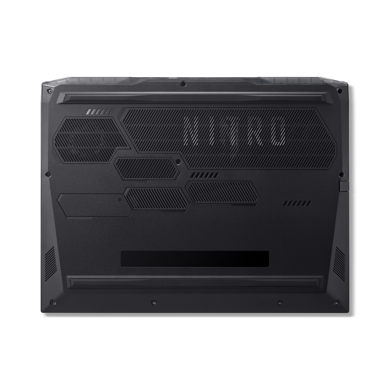 Black laptop underside with vents, the word NITRO, and various geometric designs. The background is a solid black color.
