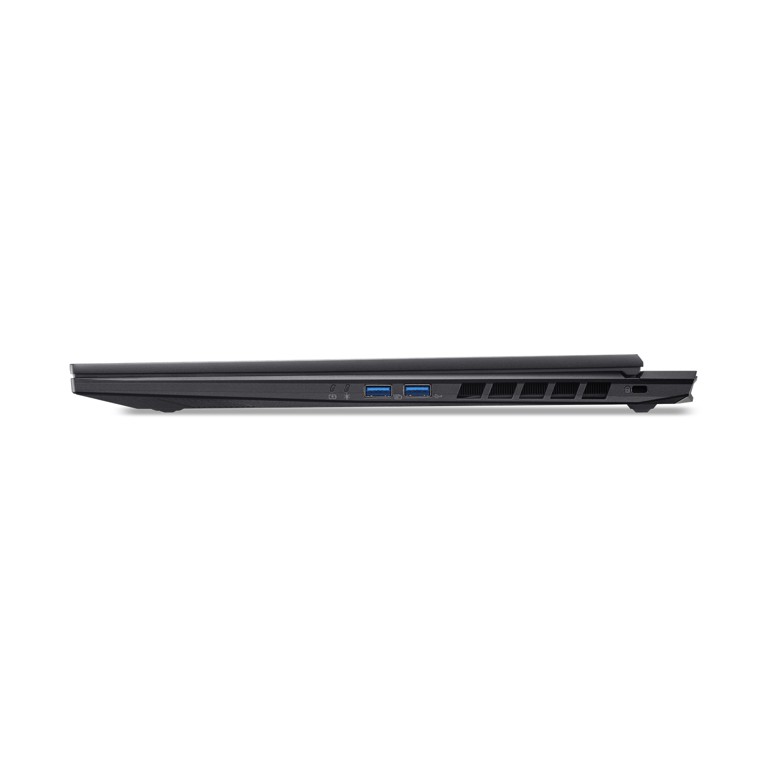 Side view of a black laptop, showing ports and vents along the side. Dark background with the laptop's side profile visible.