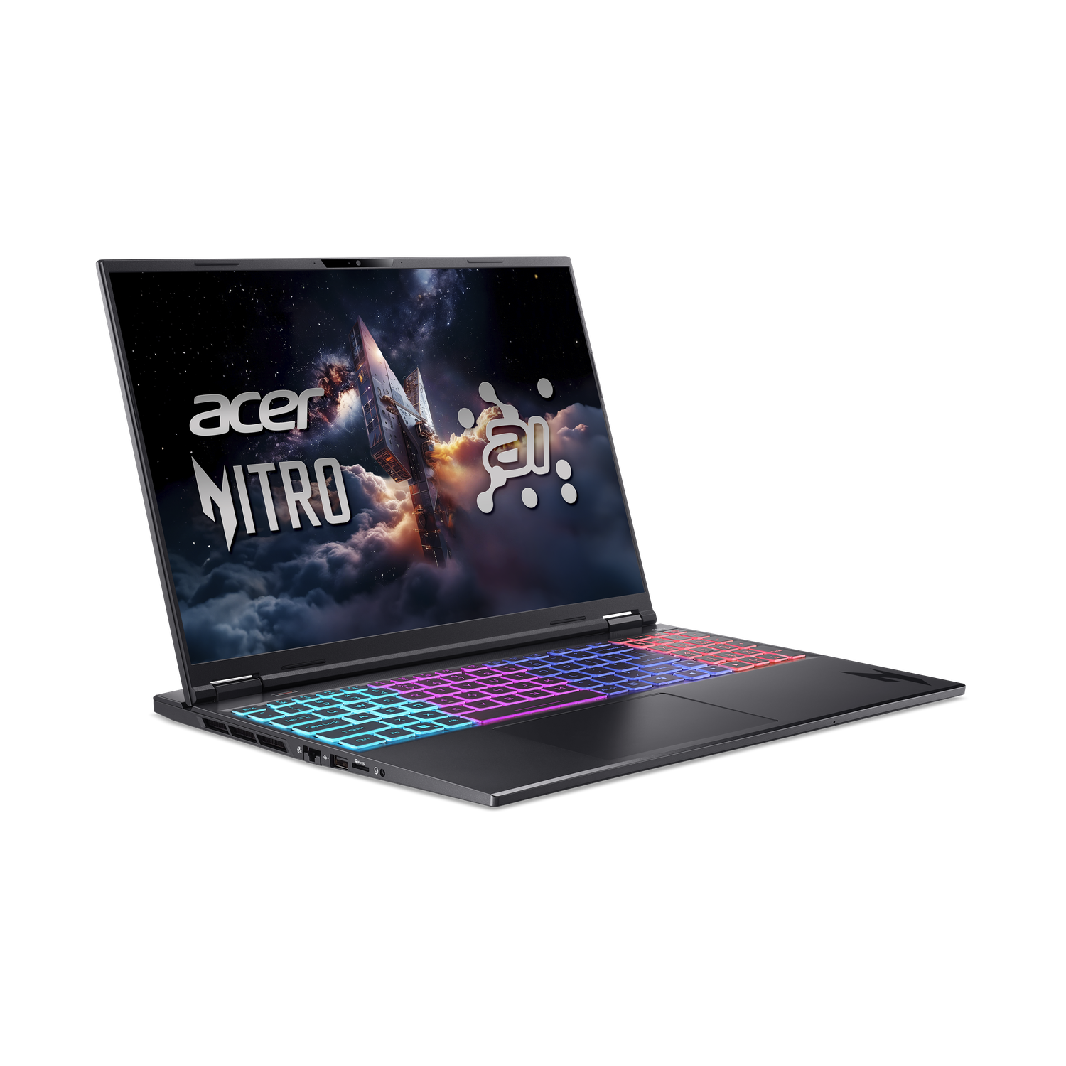 A black Acer Nitro laptop is open, displaying a space scene. The keyboard has colorful lights. The screen shows a rocket.