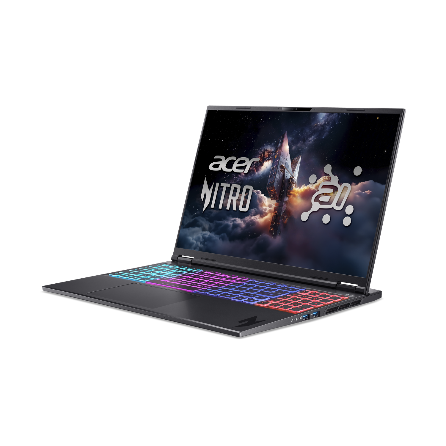 Acer Nitro laptop on a black background. The screen shows a space scene with a rocket. Keyboard lights up with RGB colors.