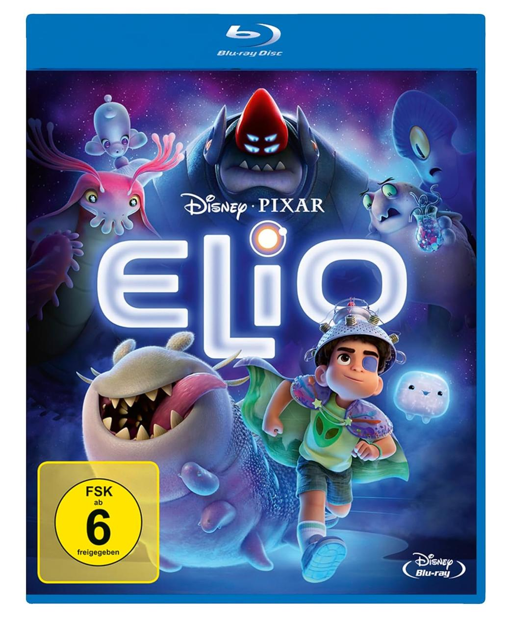 Blu-ray-Cover von Elio. Zeigt einen Jungen mit Umhang, umgeben von außerirdischen Kreaturen und dem Disney Pixar-Logo vor lila Weltraumhintergrund.