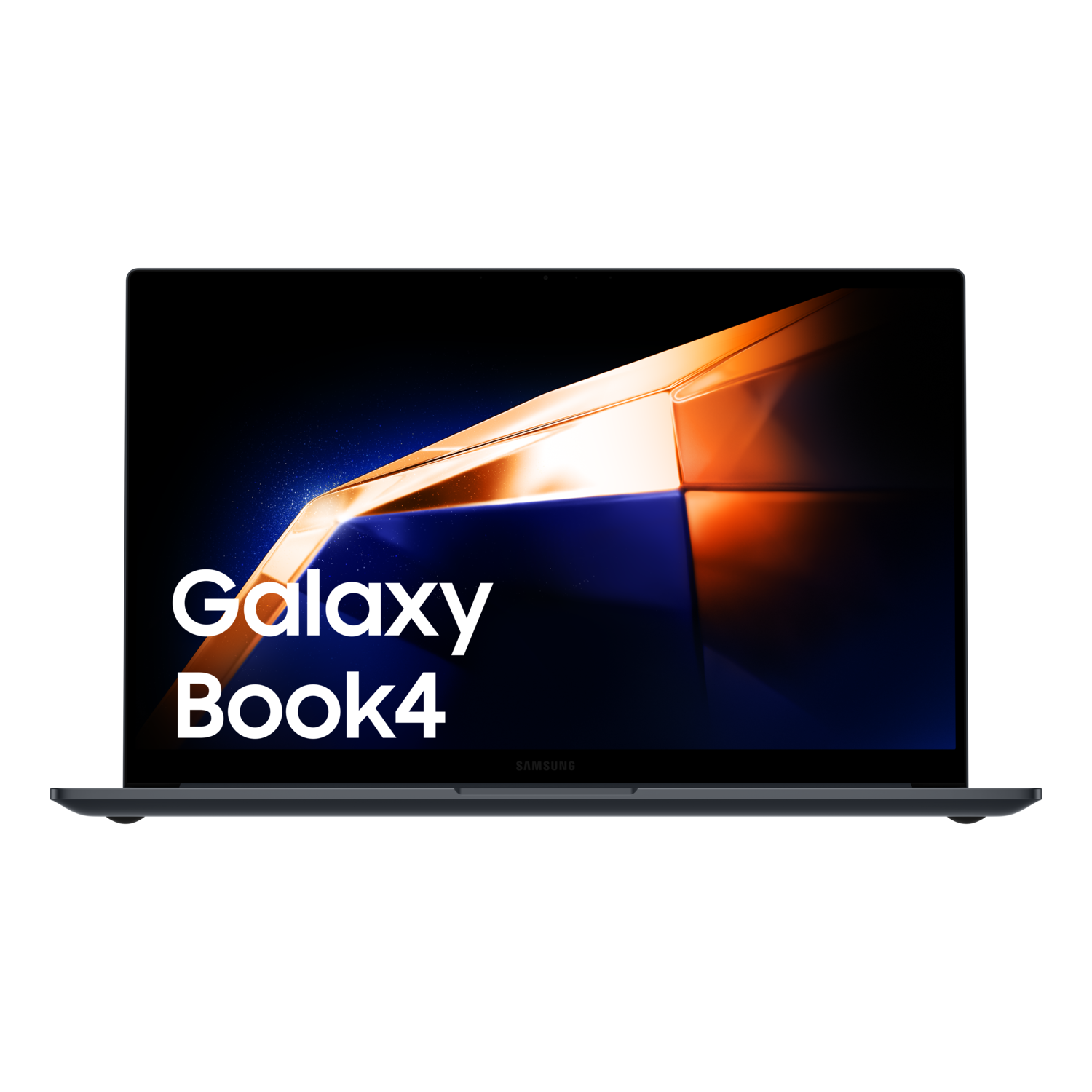 A Samsung Galaxy Book4 laptop is open. The screen displays an abstract design in orange and blue with the text 'Galaxy Book4'.