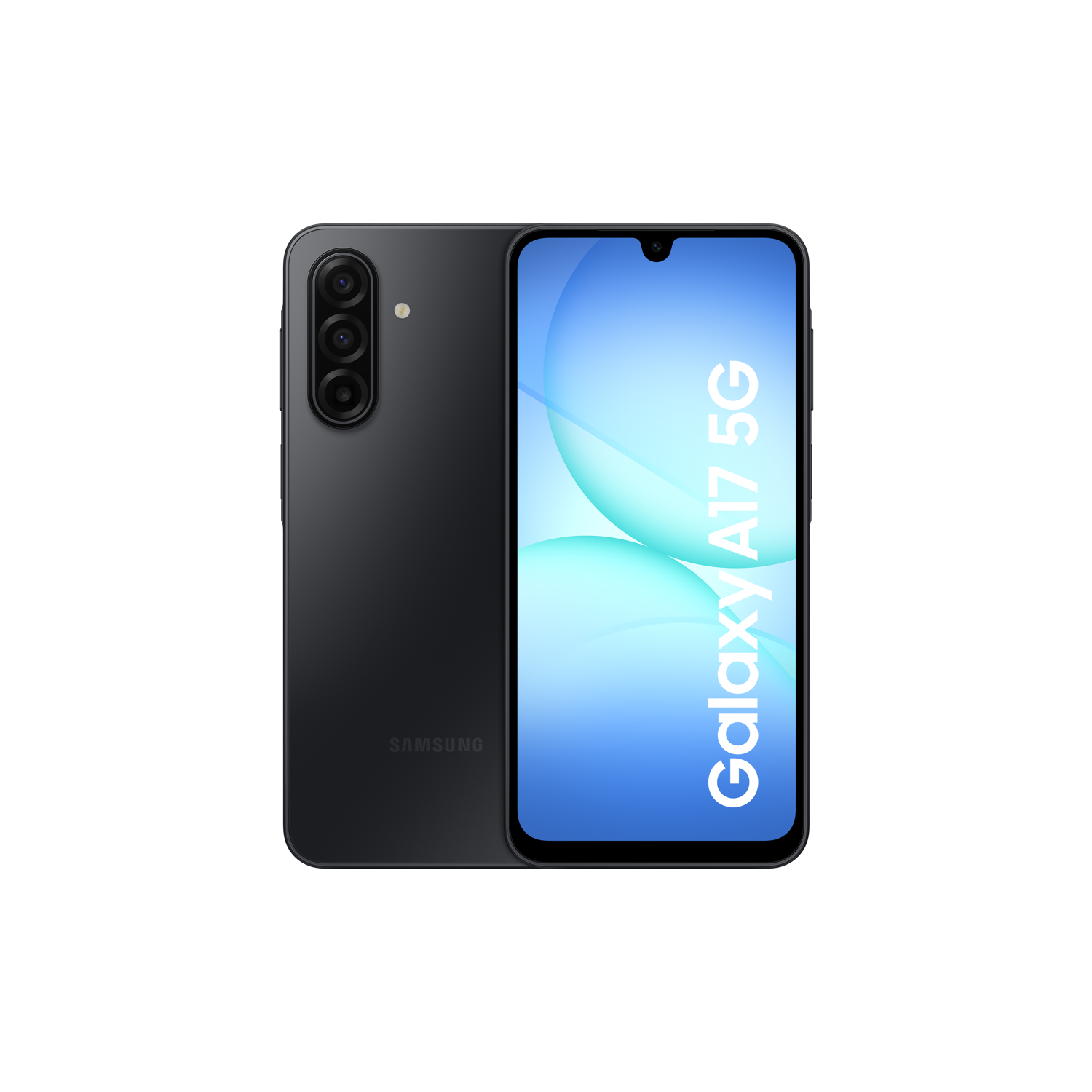 A black Samsung Galaxy A17 5G smartphone. The screen displays the phone's name. Three cameras on the back, black background.