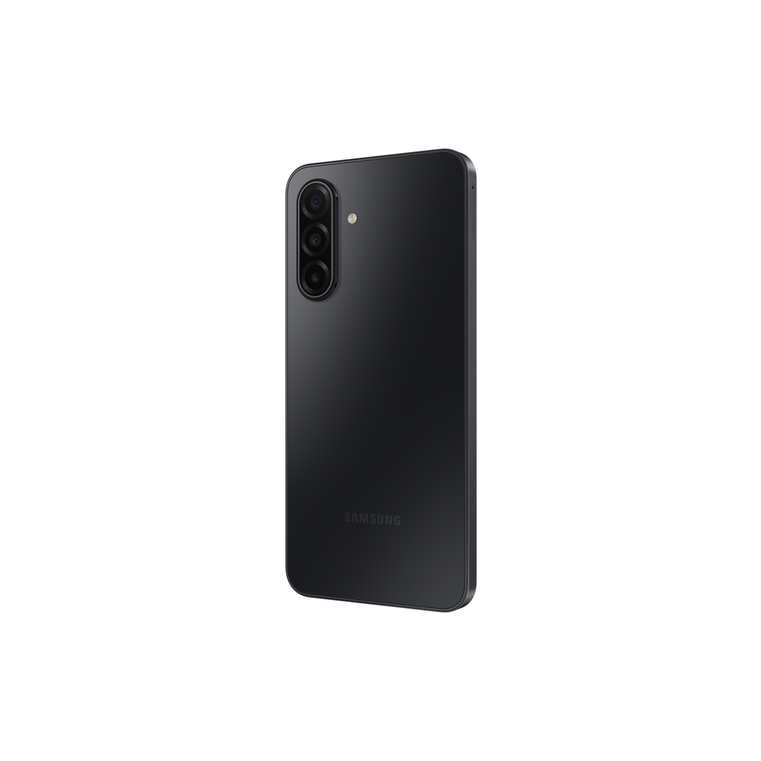 A dark gray Samsung smartphone is displayed against a black background. The rear side is visible, showcasing the camera array and logo.