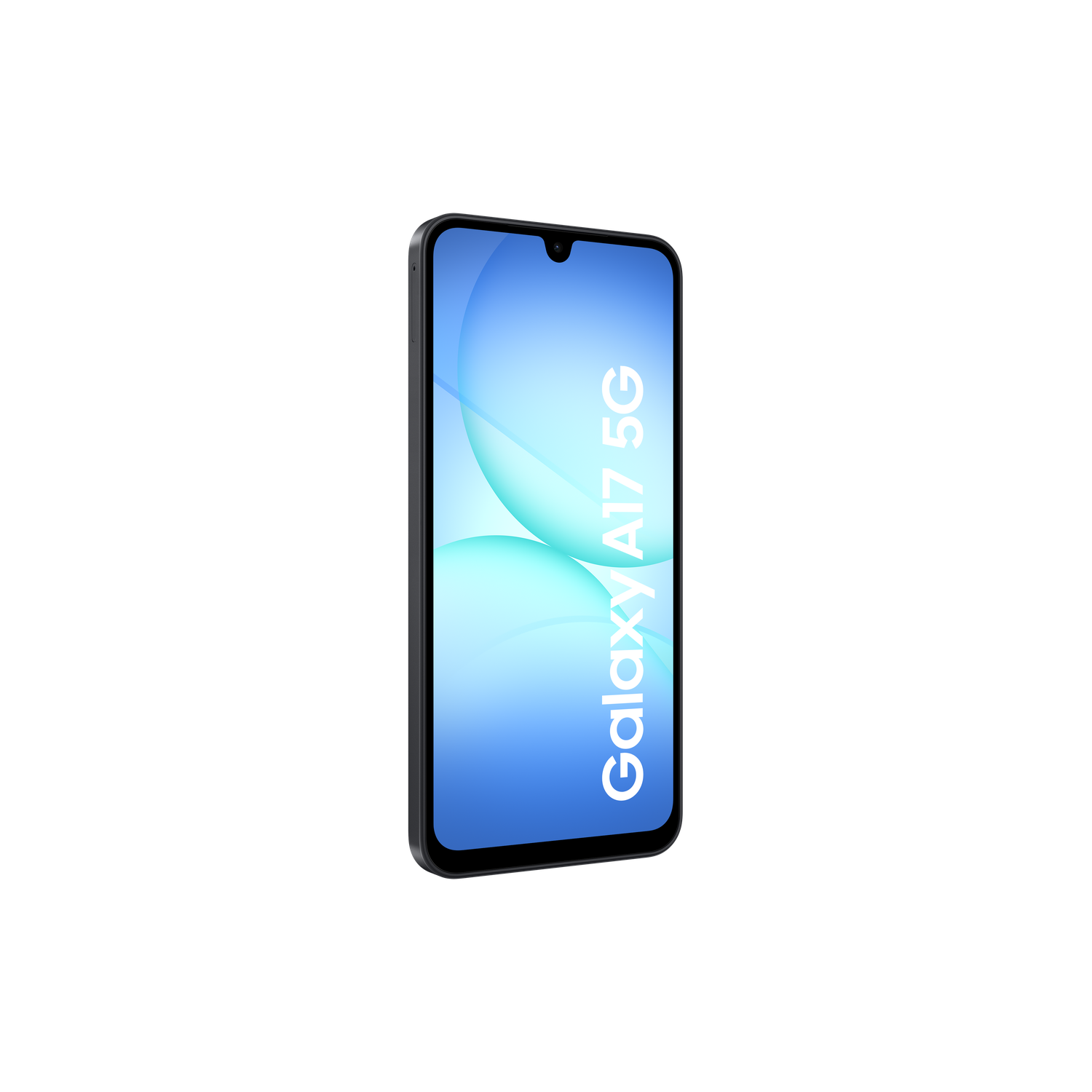 A smartphone with a blue screen displaying the words "Galaxy A17 5G" against a background of blue and green circles. The background is black.