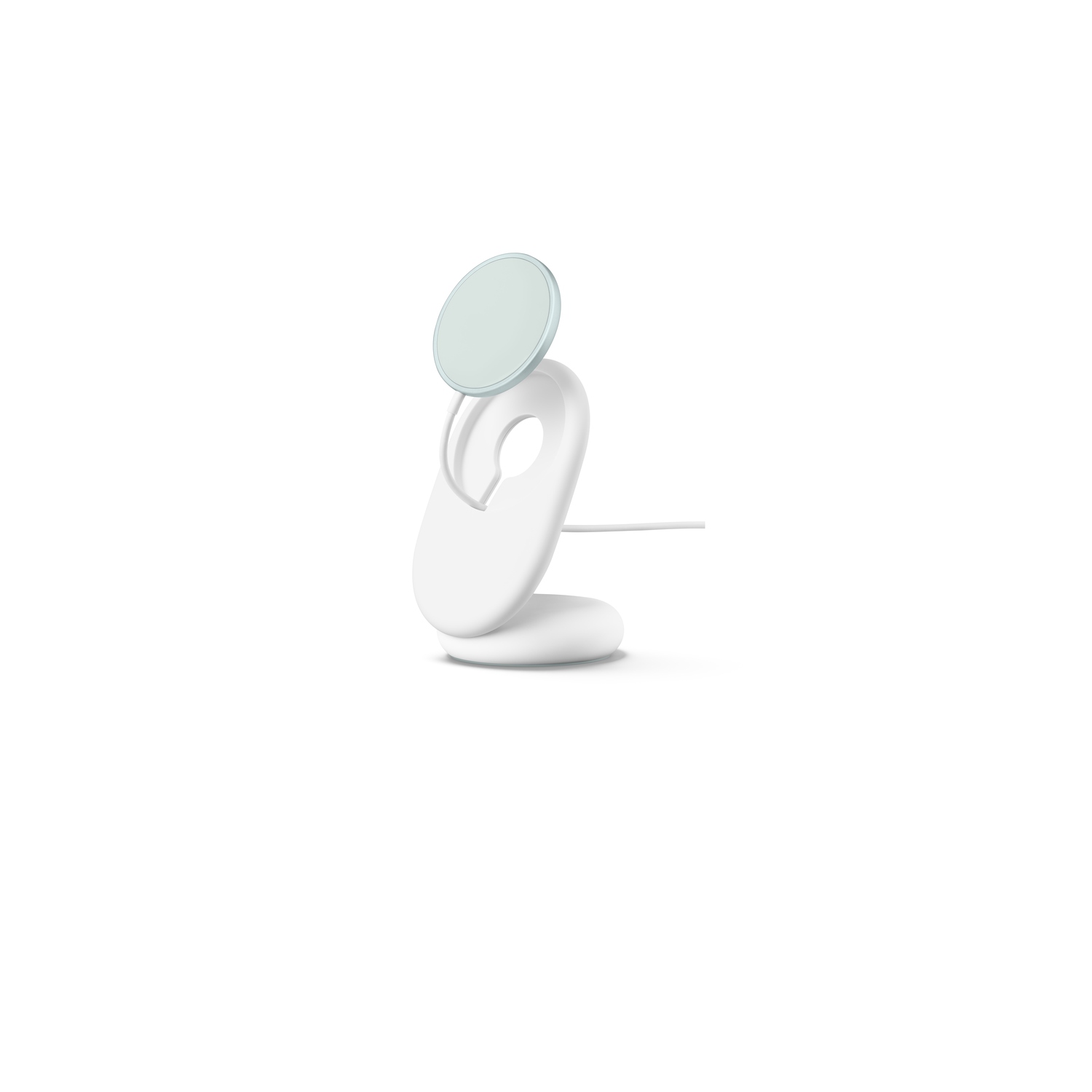 A white wireless charger with a light green charging pad. The charger is on a white background.
