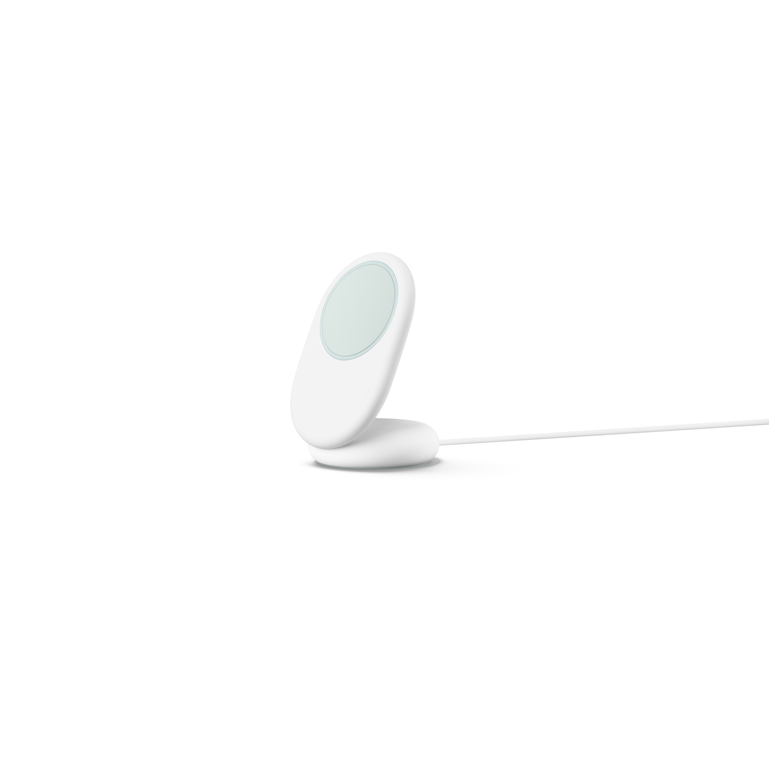 A white wireless charger with a light blue charging area, and a white cable. The background is white.