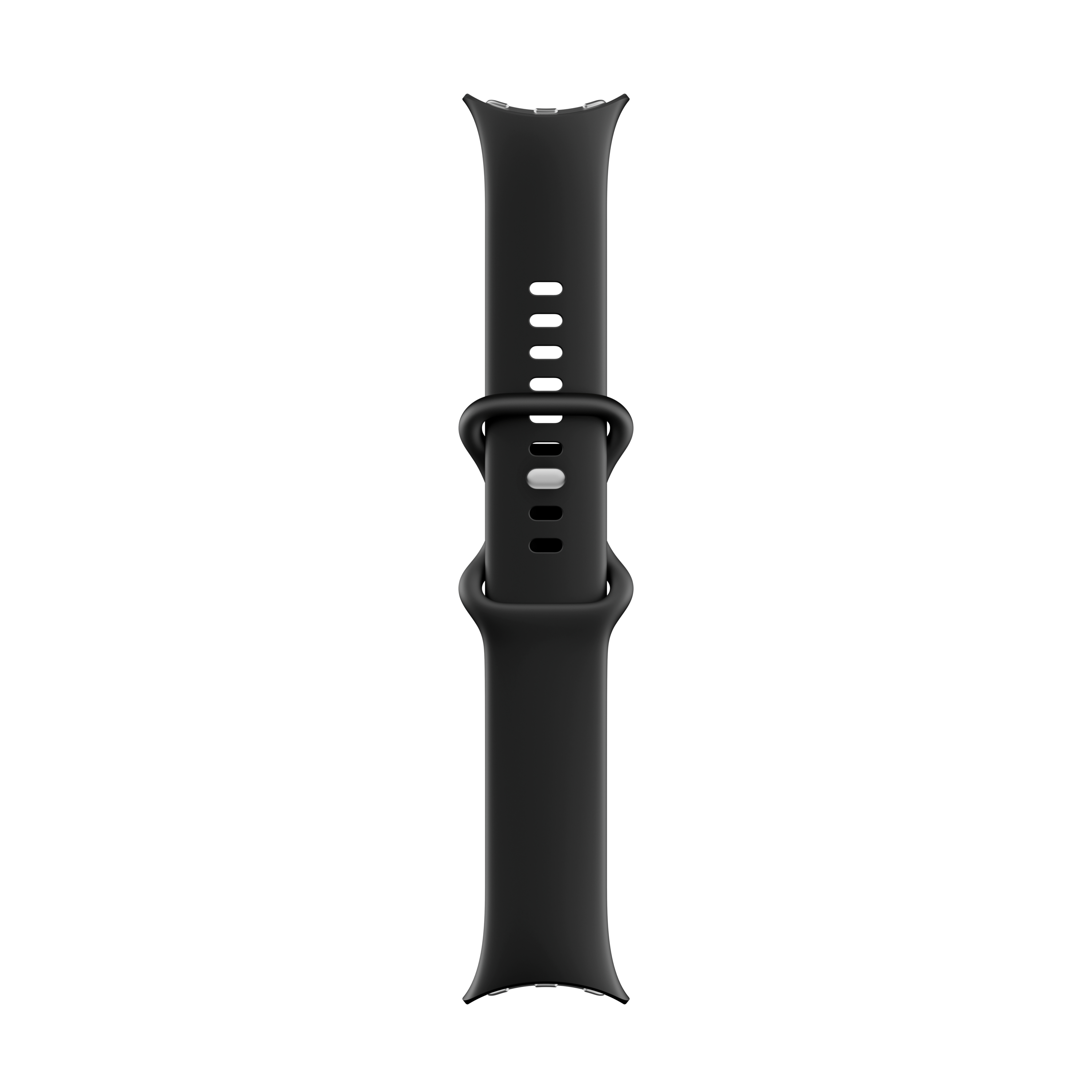 Ein schwarzes Uhrenarmband auf weißem Hintergrund. Das Band hat Löcher und eine Schnalle.