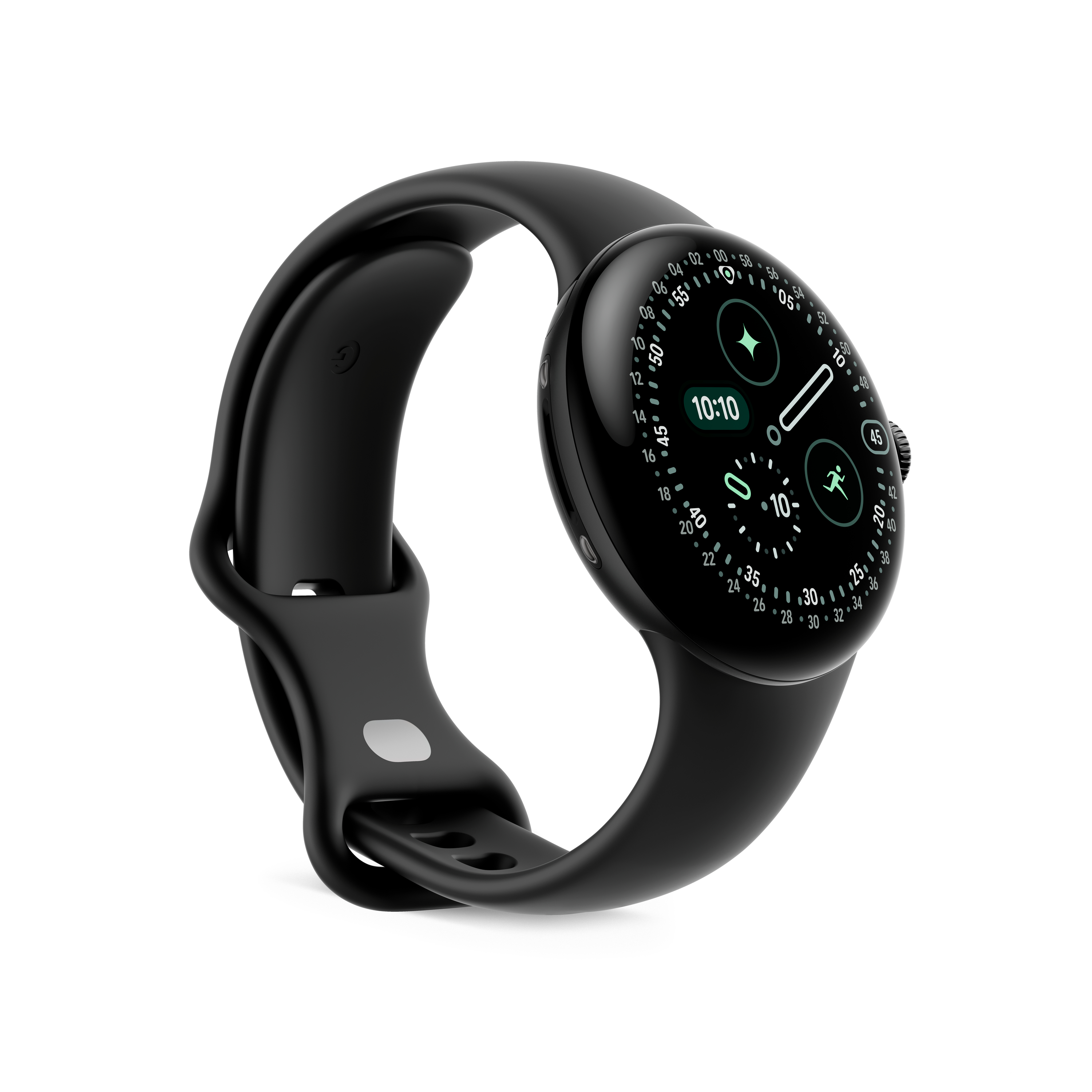 Schwarze Smartwatch mit gebogenem Armband, zeigt die Uhrzeit 10:10 an. Zifferblatt zeigt Zeitindikatoren und Aktivitätssymbole.