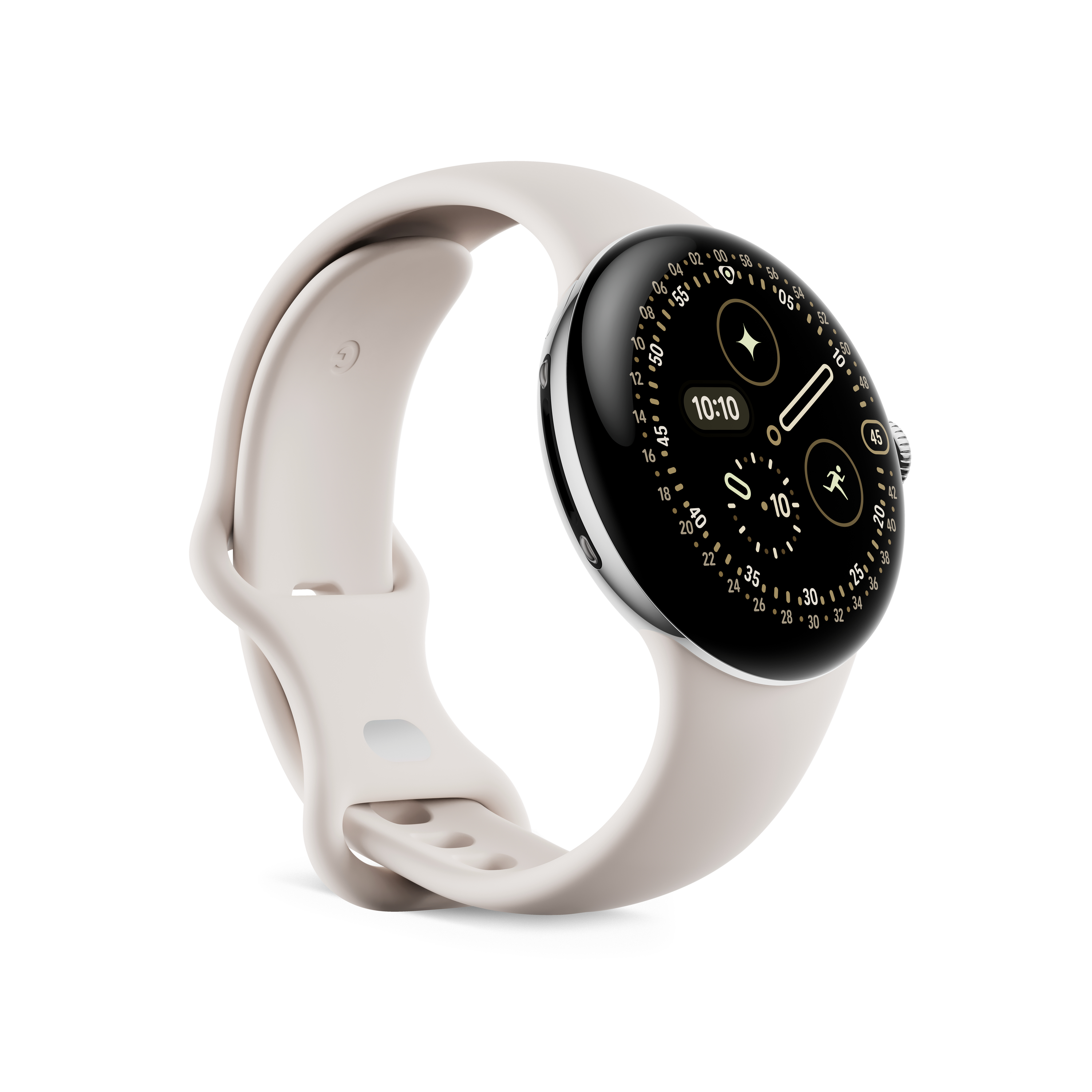 Eine Smartwatch mit cremefarbenem Armband. Das Ziffernblatt ist schwarz mit weißen und goldenen Akzenten.