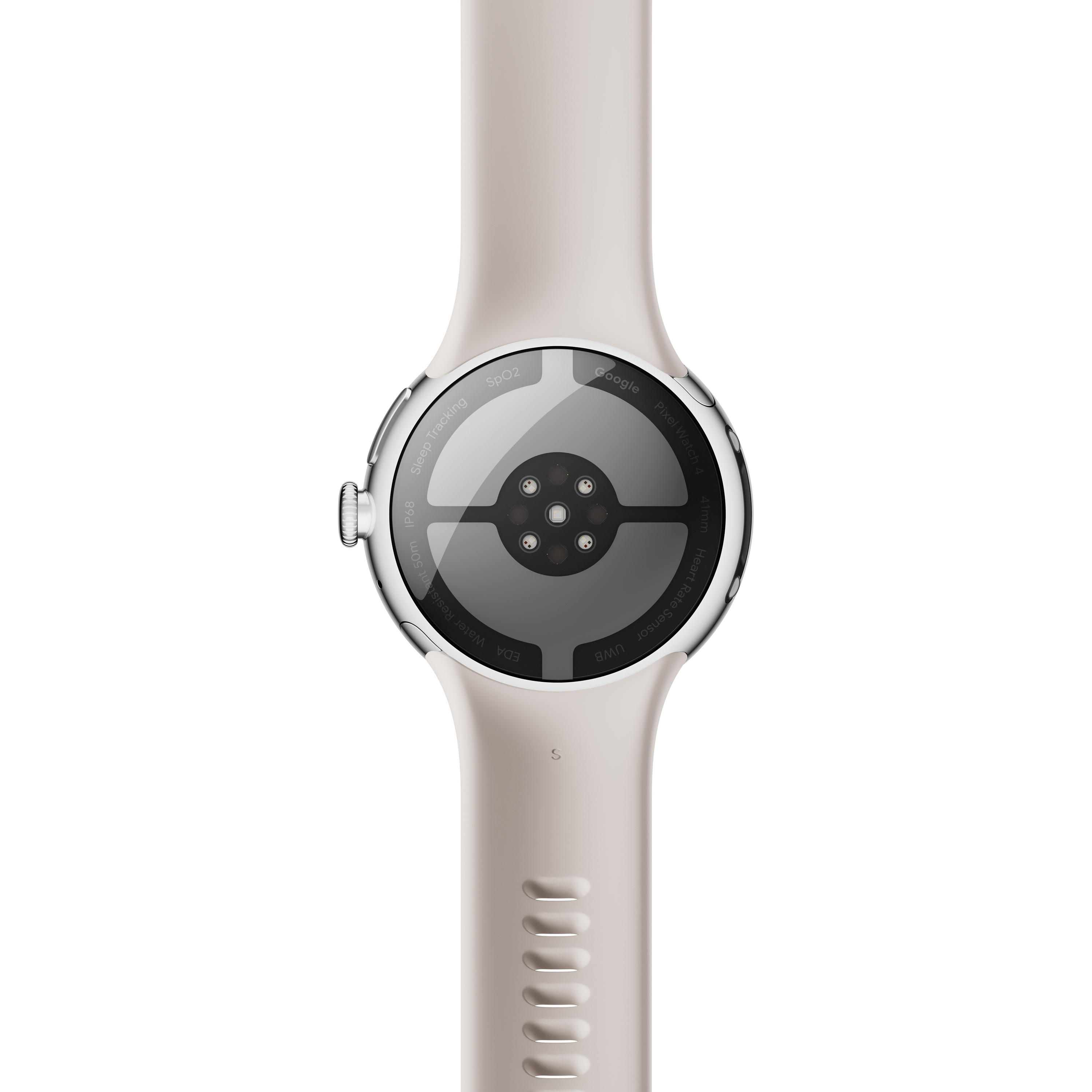 Nahaufnahme der Rückseite einer beigen Smartwatch. Die Uhr hat einen grauen Sensorbereich und ein beiges Armband mit Löchern.